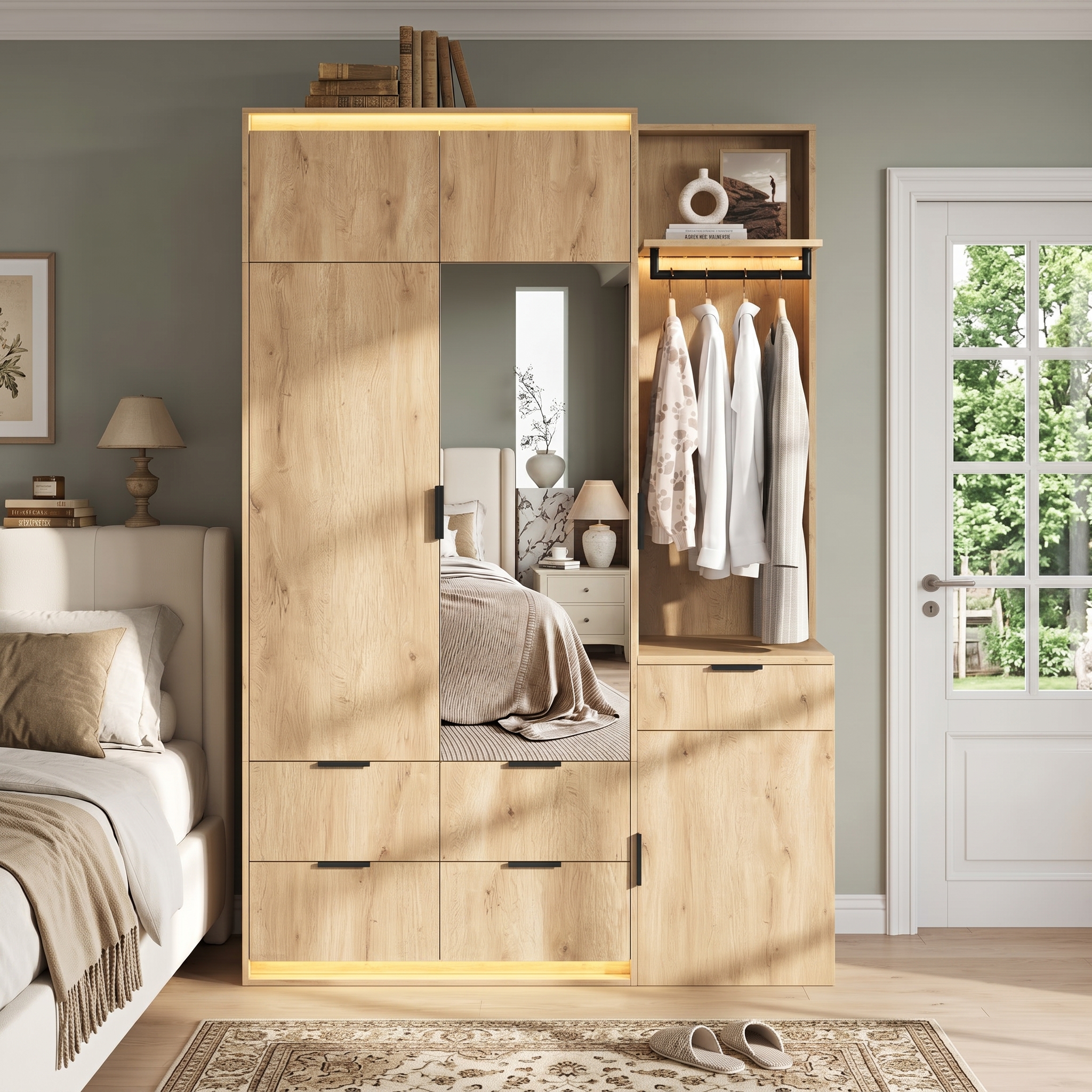 Vestiaire avec miroir et penderie ouverte