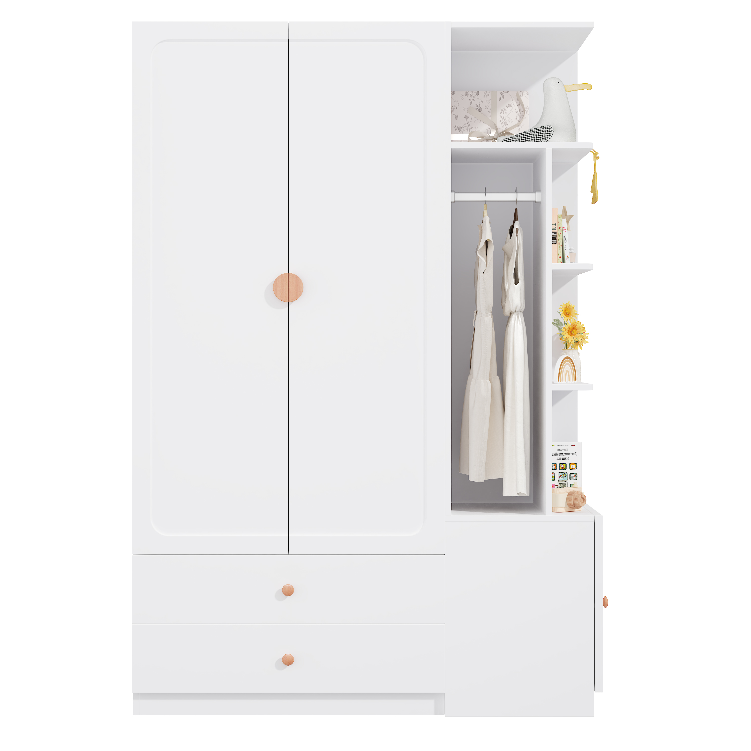 armoire combinée dimensions totales 200×135×45 cm, espaces suspendus, étagères et tiroirs