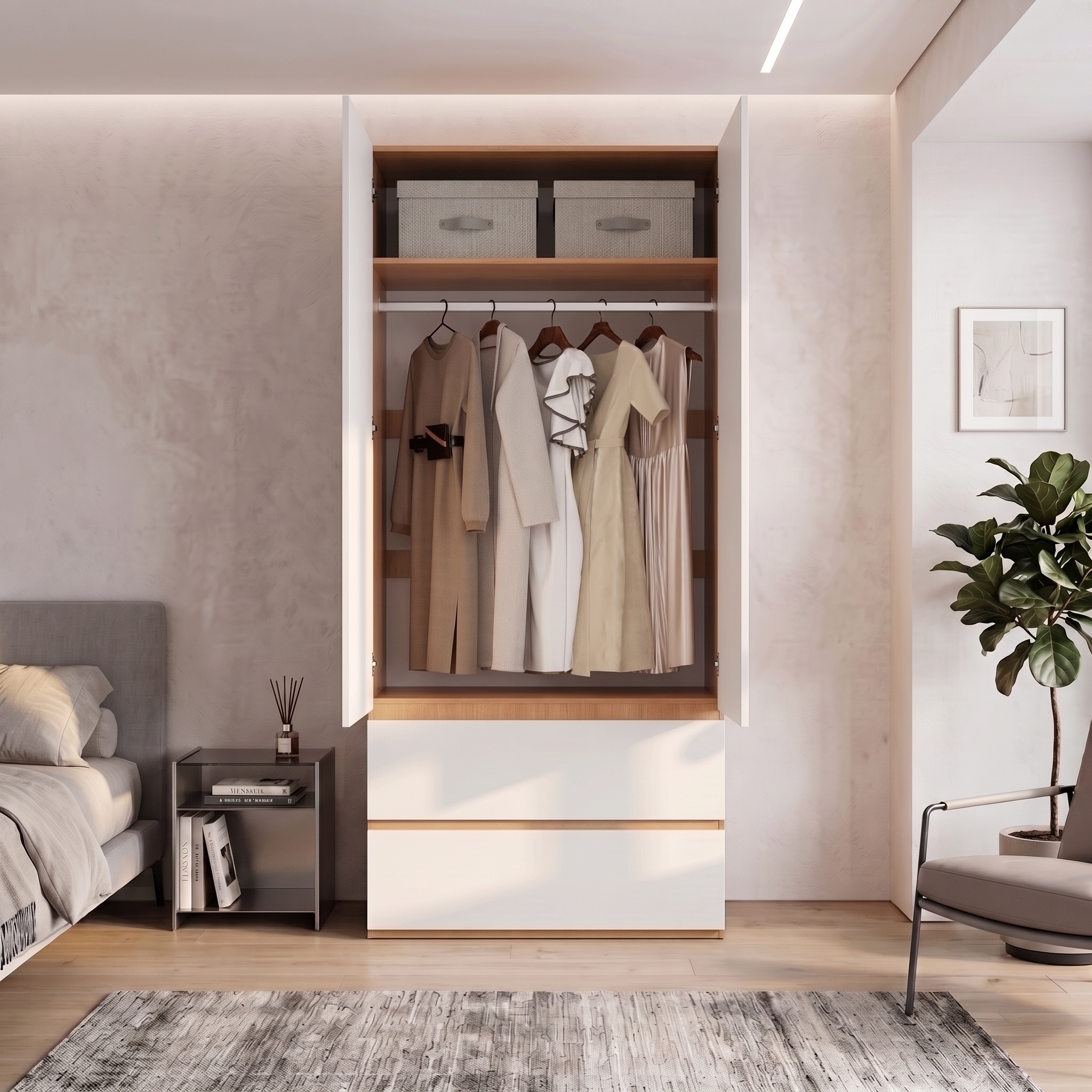 Armoire-penderie, avec tiroirs, 90 x 50 x 200 cm, panneaux de particules et MDF, blanc - vue 3