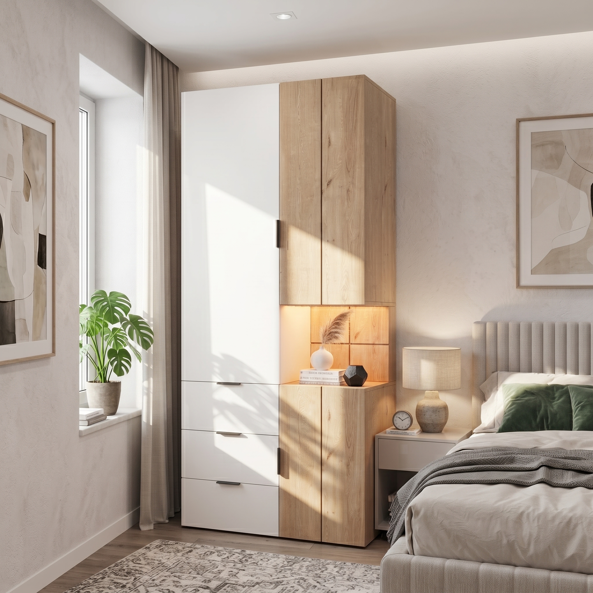 Armoire-penderie, avec tiroirs, éclairage led, 90 x 49 x 200 cm, MDF, blanc - vue 2