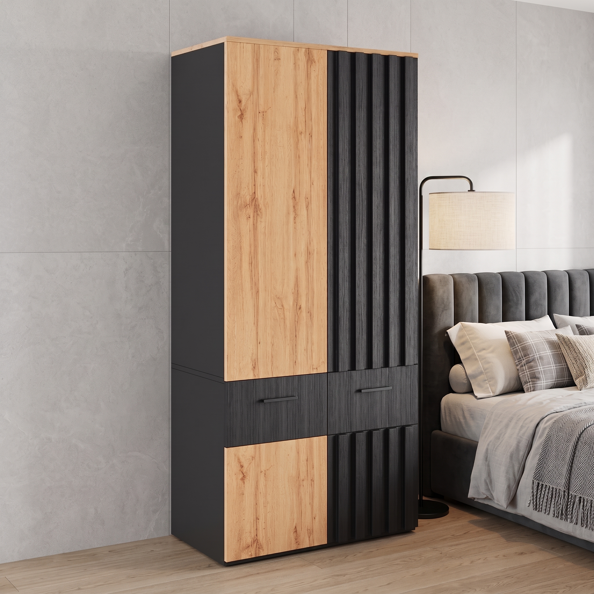 Armoire-penderie, avec tiroirs, 90 x 50 x 200 cm, panneaux de particules et MDF, noir - vue 2