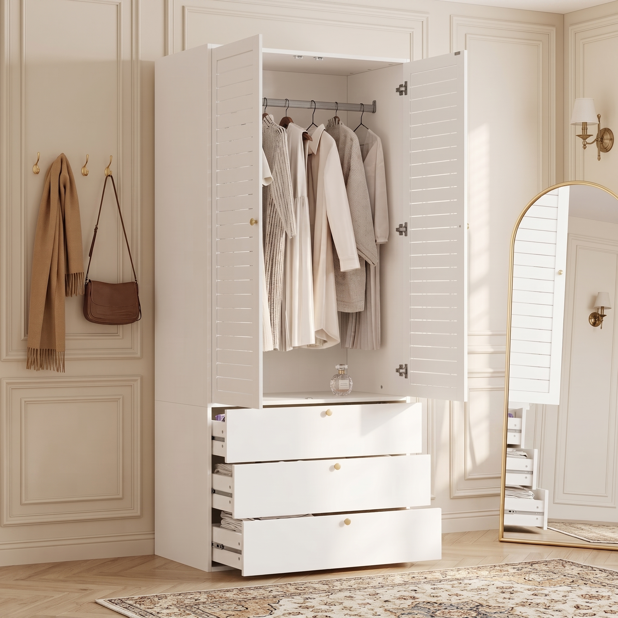 Armoire-penderie, avec tiroirs, 90 x 50 x 200 cm, panneaux de particules, blanc - vue 3