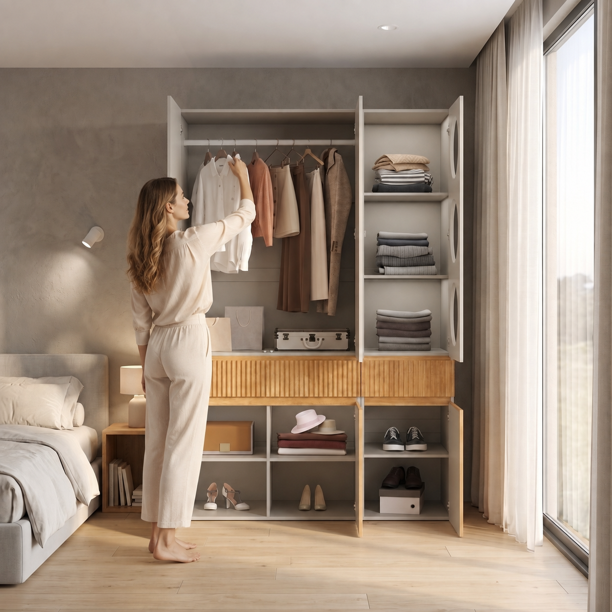 Armoire-penderie, 2 tiroirs, 6 portes, 135 x 50 x 200 cm, MDF et panneaux de particules, gris clair et bois naturel - vue 7