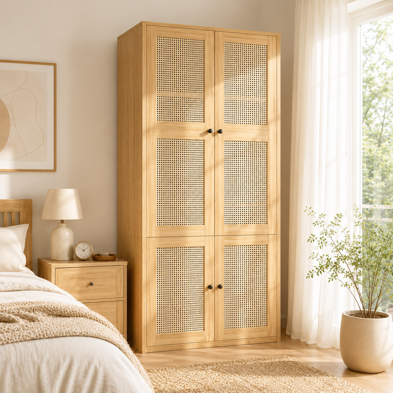 Armoire avec portes en cannage rotin et rangement intérieur