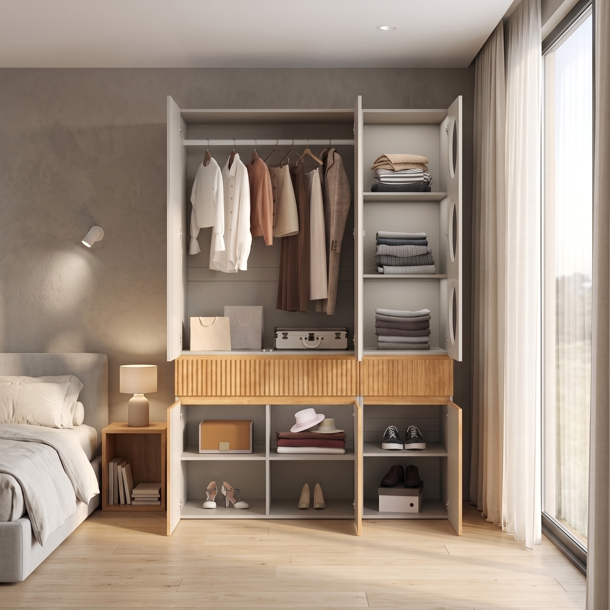 Armoire-penderie, 2 tiroirs, 6 portes, 135 x 50 x 200 cm, MDF et panneaux de particules, gris clair et bois naturel - vue 6