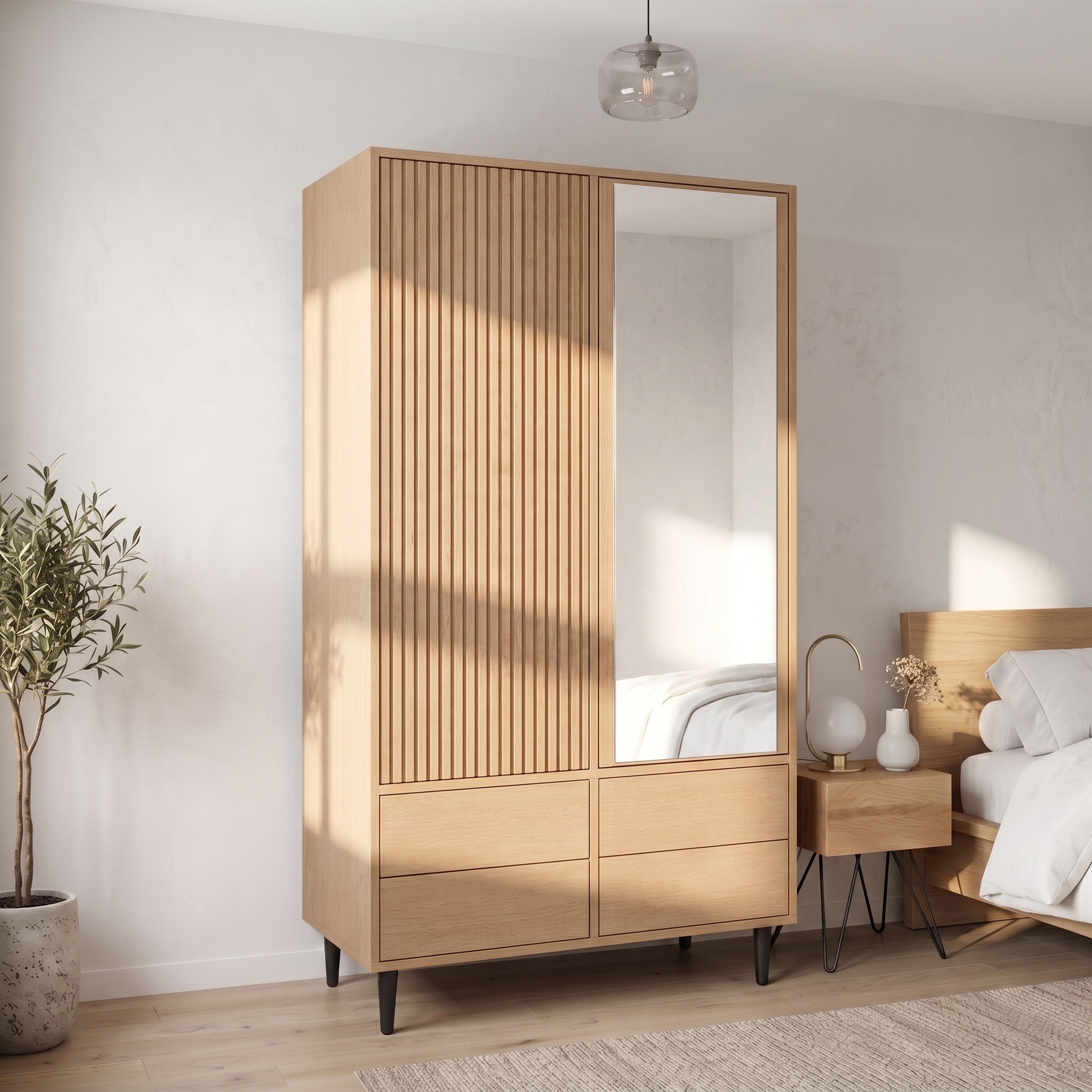 Armoire-penderie, avec tiroirs, 90 x 45 x 200 cm, acier et MDF, chêne - vue 1