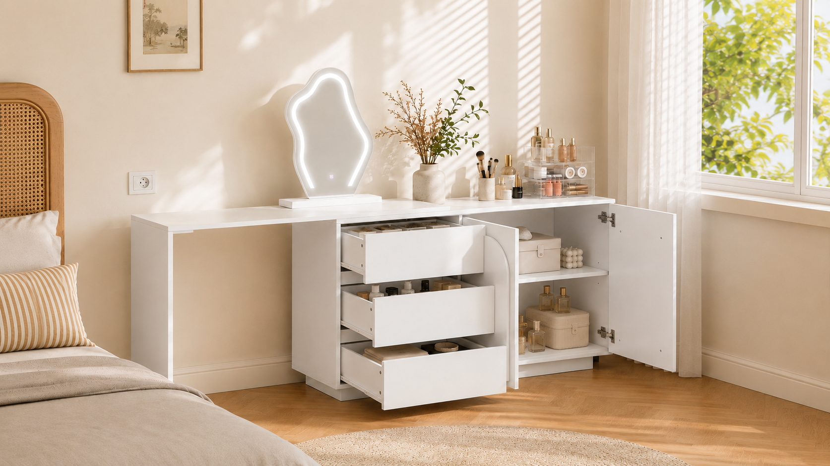 Coiffeuse blanche avec miroir LED