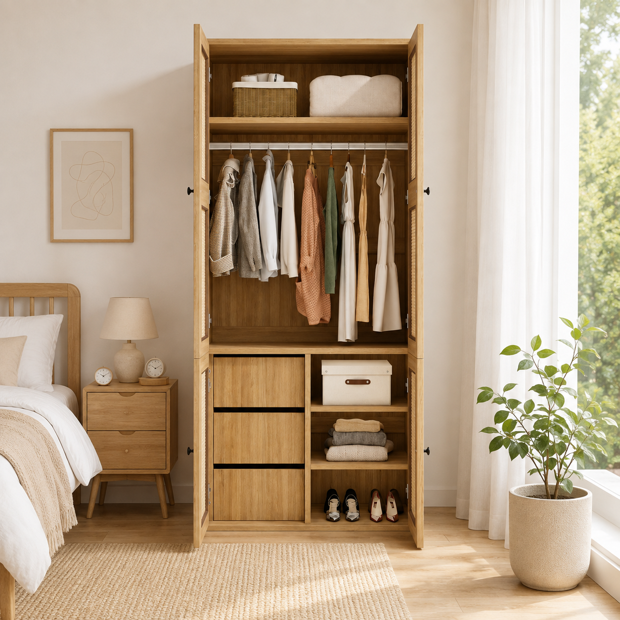 Armoire-penderie, avec tiroirs, détails en rotin, 90 x 47 x 200 cm, rotin et MDF, bois naturel - vue 5