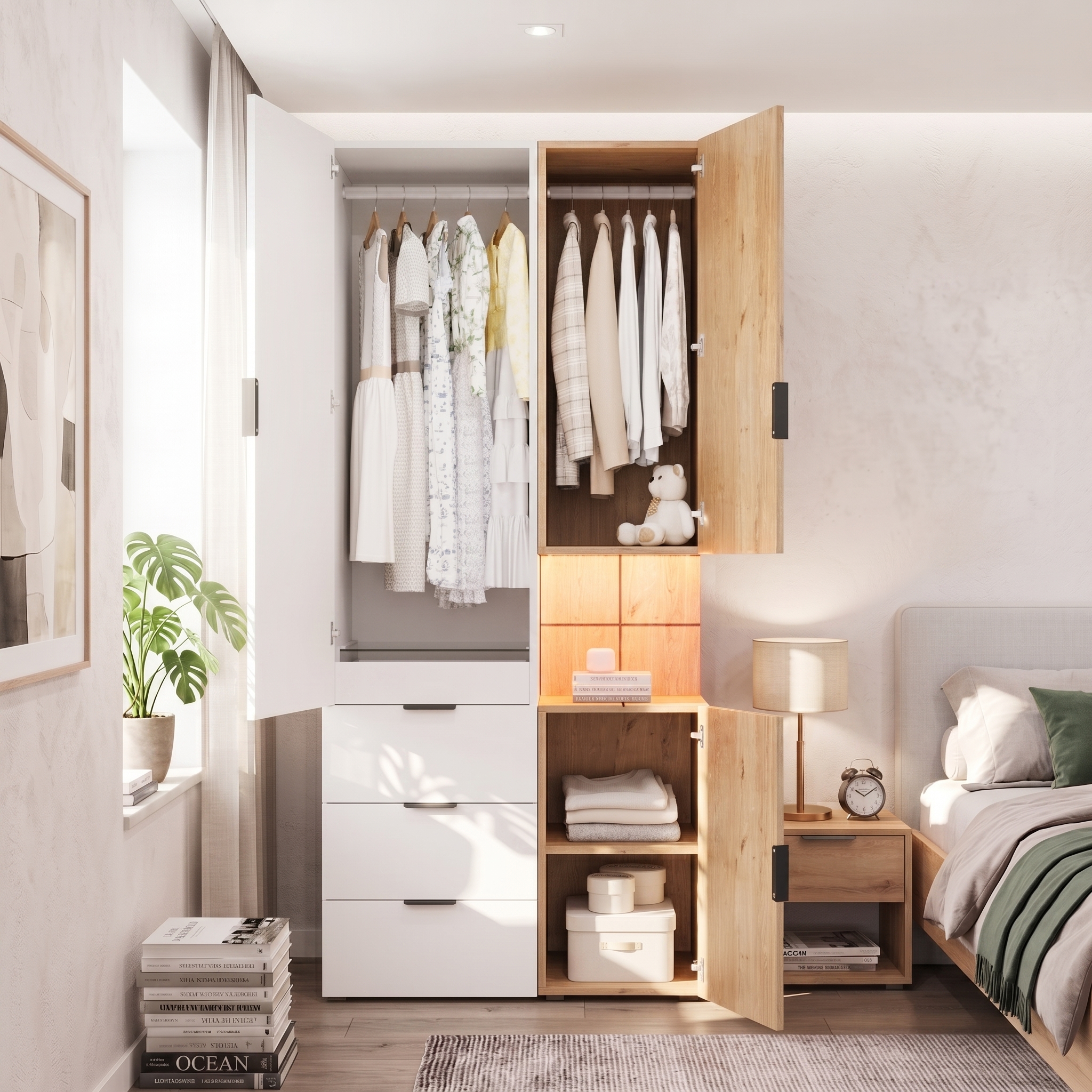 Armoire-penderie, avec tiroirs, éclairage led, 90 x 49 x 200 cm, MDF, blanc - vue 3