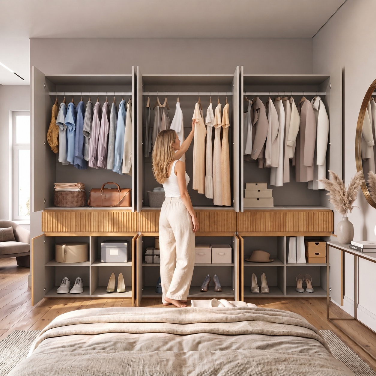Armoire-penderie, avec tiroirs, 270 x 50 x 200 cm, panneaux de particules et MDF, bois naturel - vue 5