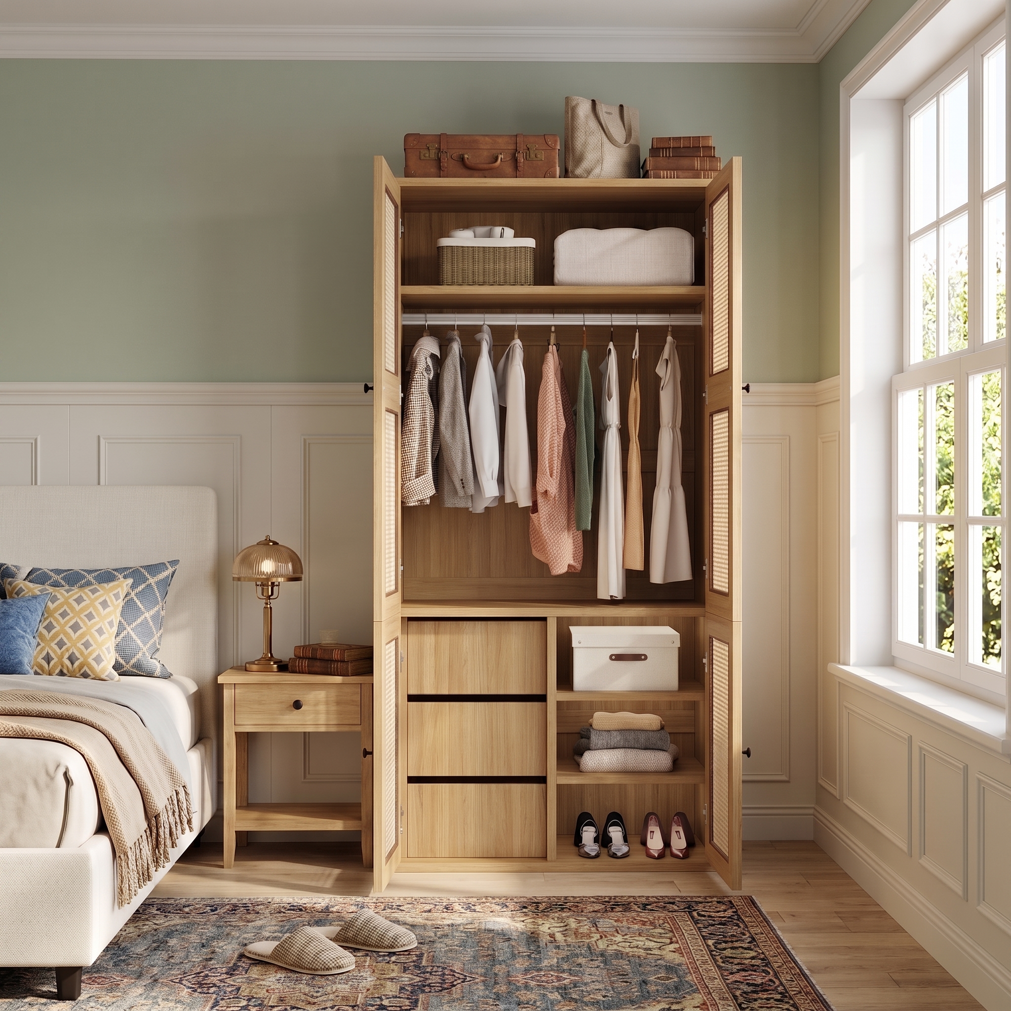 Armoire-penderie, avec tiroirs, détails en rotin, 90 x 47 x 200 cm, rotin et MDF, bois naturel - vue 4