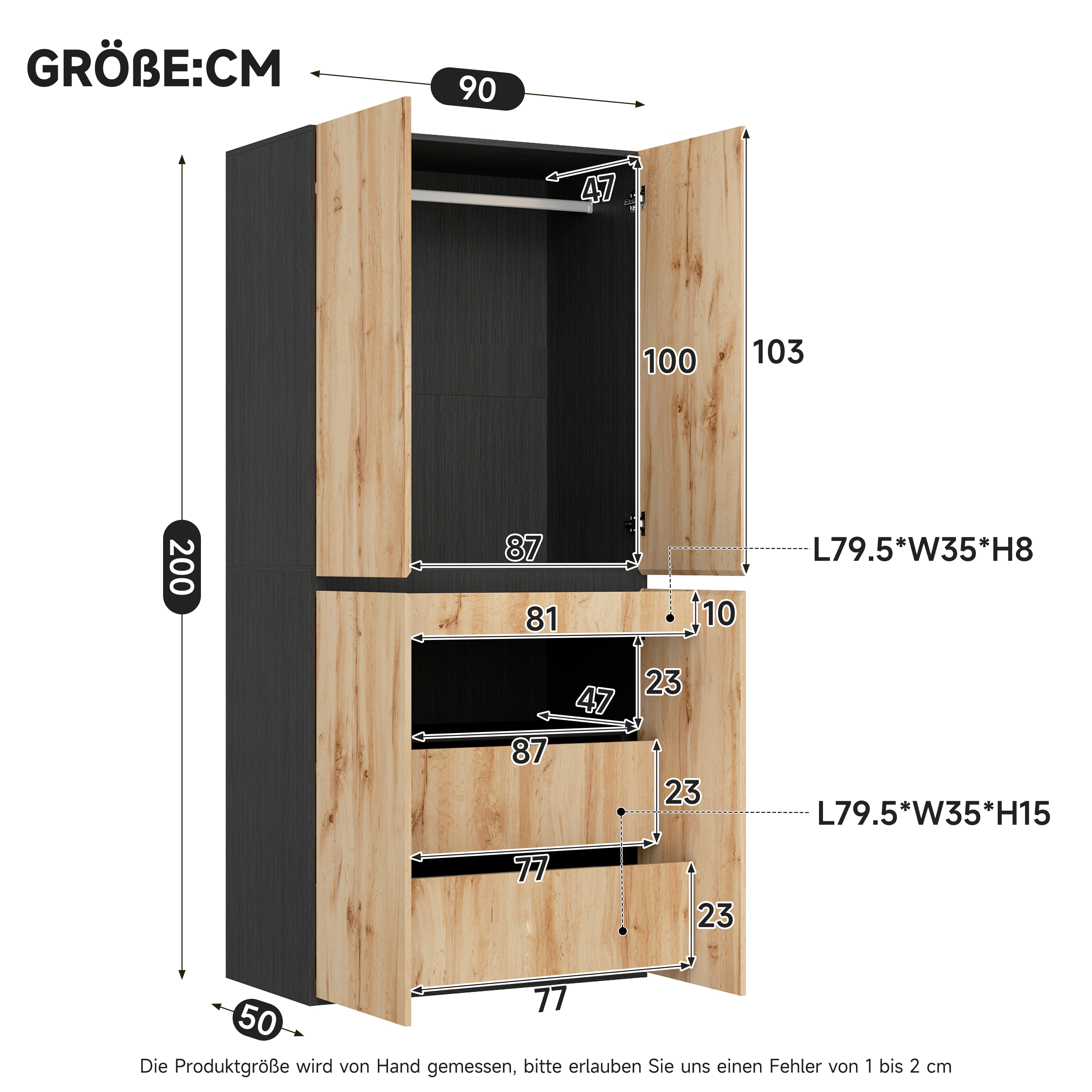 Armoire penderie effet chêne avec tiroir à bijoux