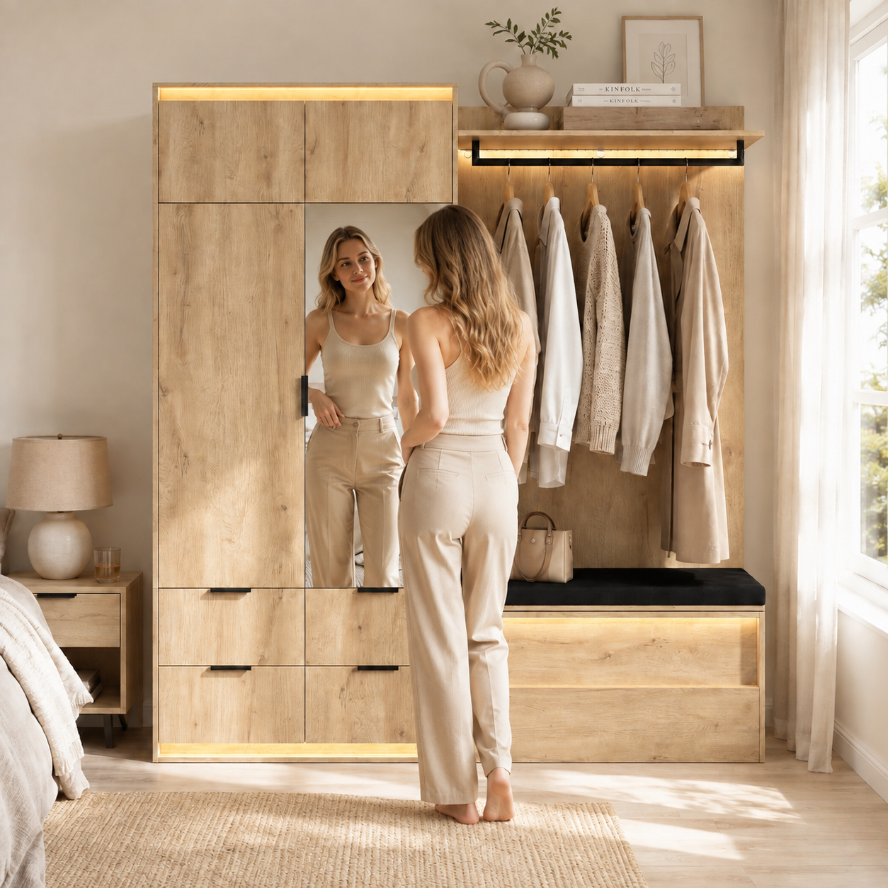 Ensemble de rangement d'entrée avec penderie miroir et banquette