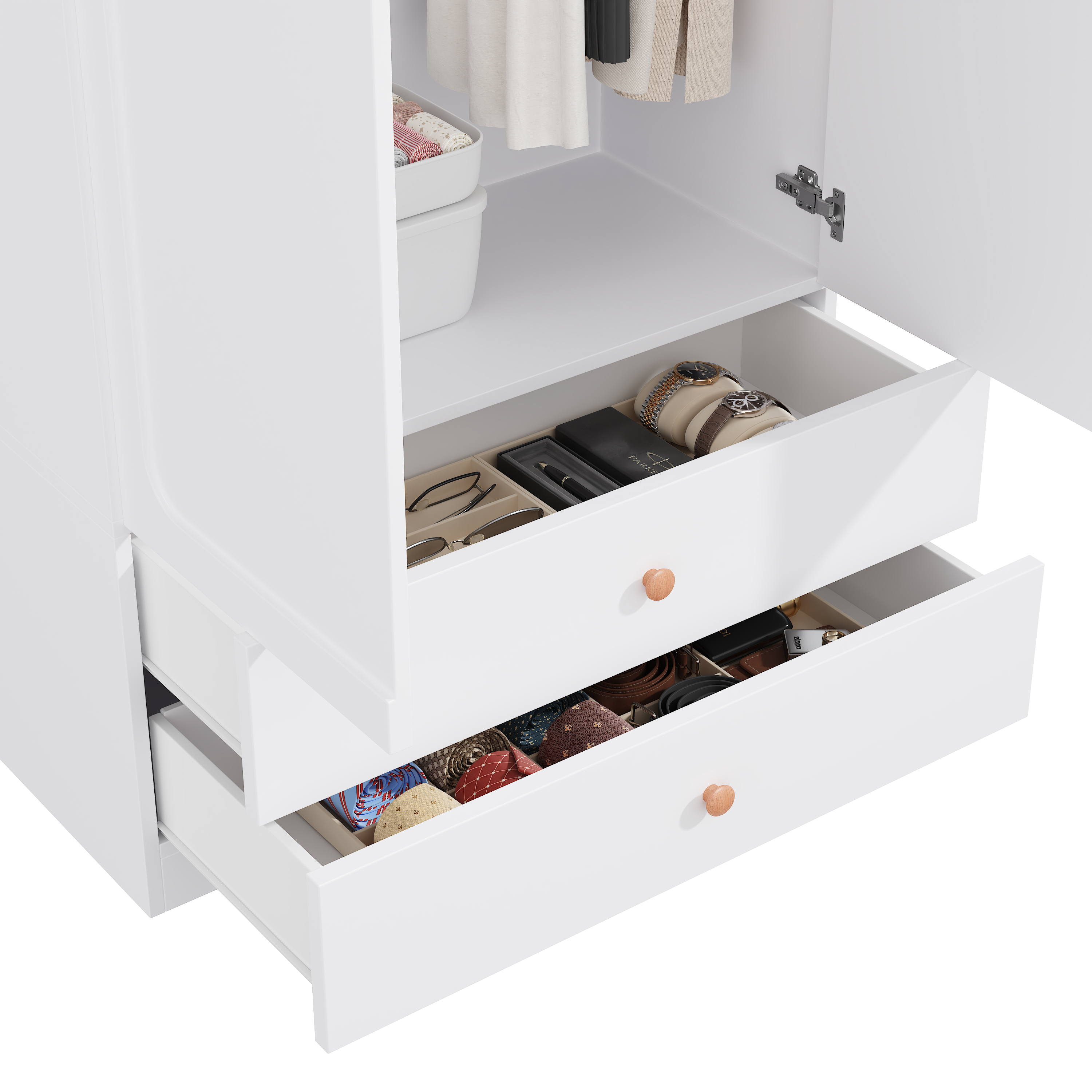 surface blanche, lignes épurées et 4 poignées en bois massif style moderne‑naturel