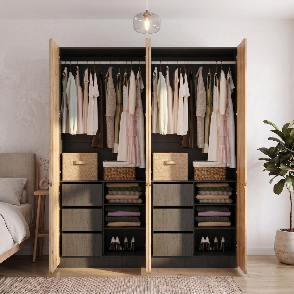Armoire ouverte avec deux penderies et six tiroirs