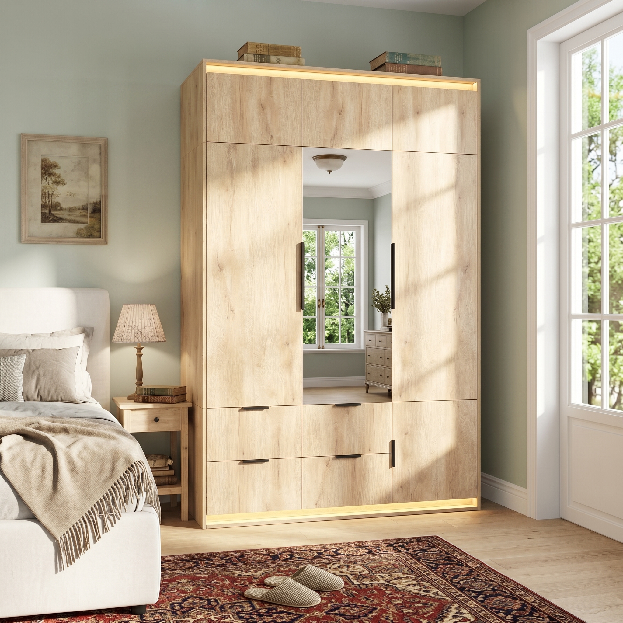 Armoire-penderie, avec tiroirs, éclairage led, 135 x 47 x 200 cm, MDF, chêne - vue 2