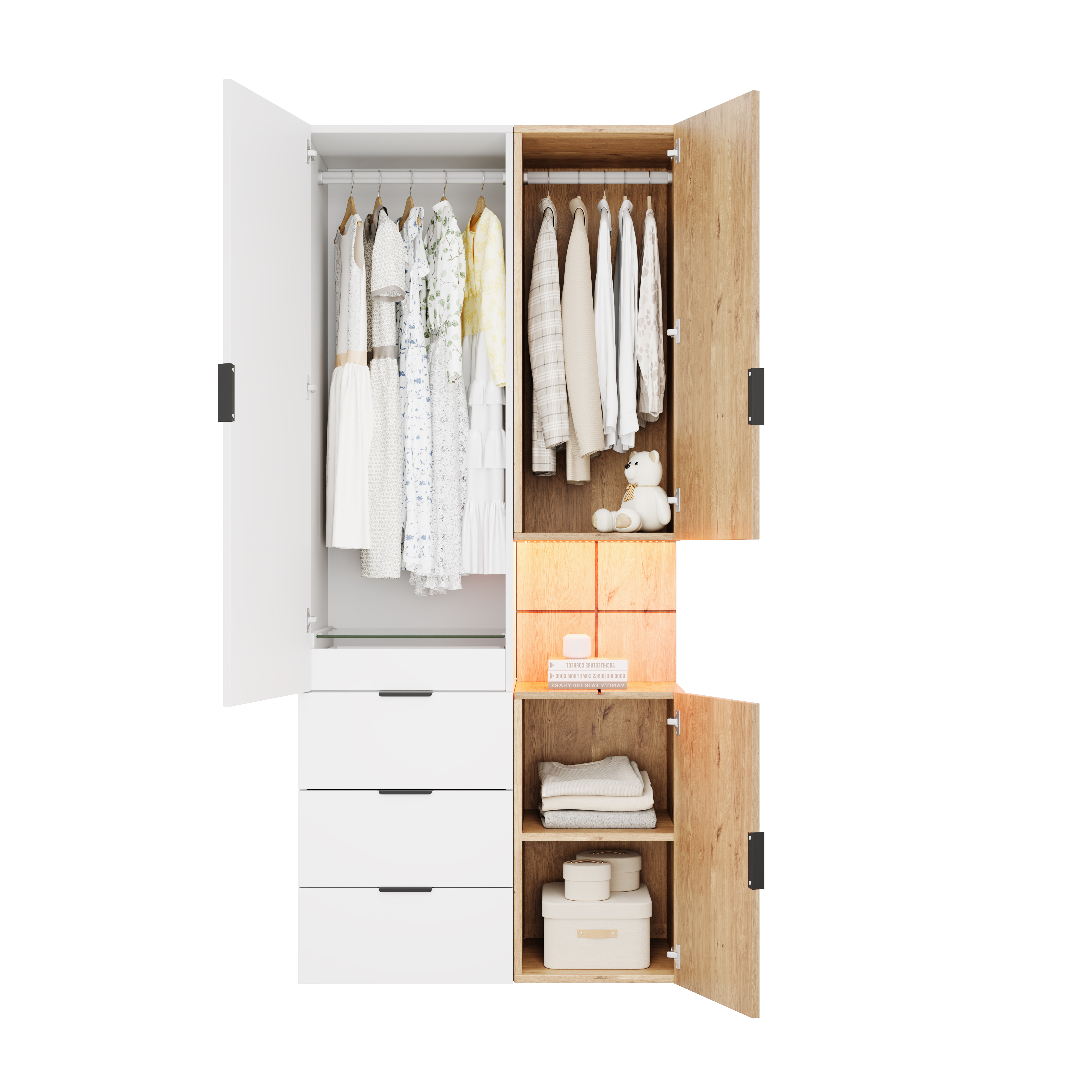Armoire-penderie, avec tiroirs, éclairage led, 90 x 49 x 200 cm, MDF, blanc - vue 8