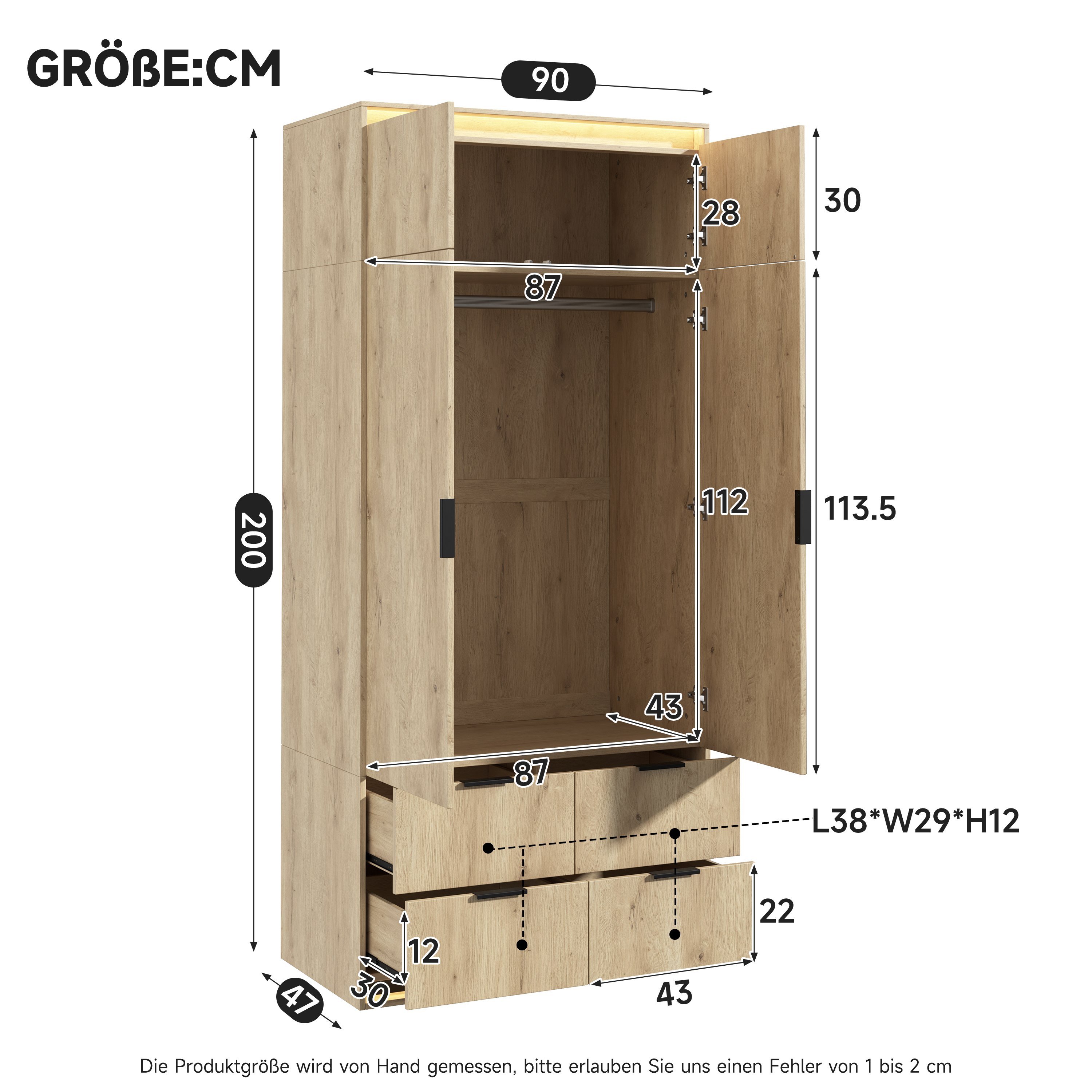 Aménagement intérieur de l'armoire effet chêne avec tringle, étagère supérieure et quatre tiroirs