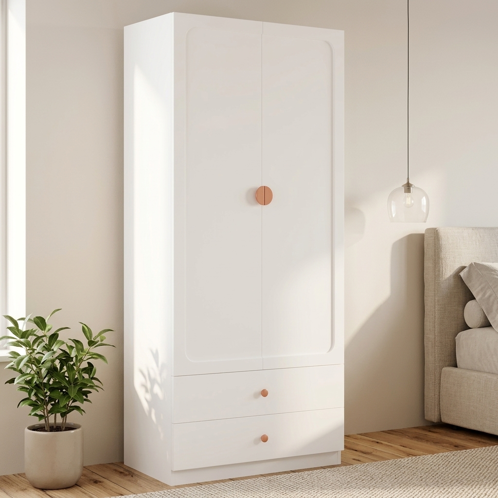 Armoire-penderie, rangement intégré, avec tiroirs, 90 x 45 x 200 cm, bois massif et acier, blanc - vue 1