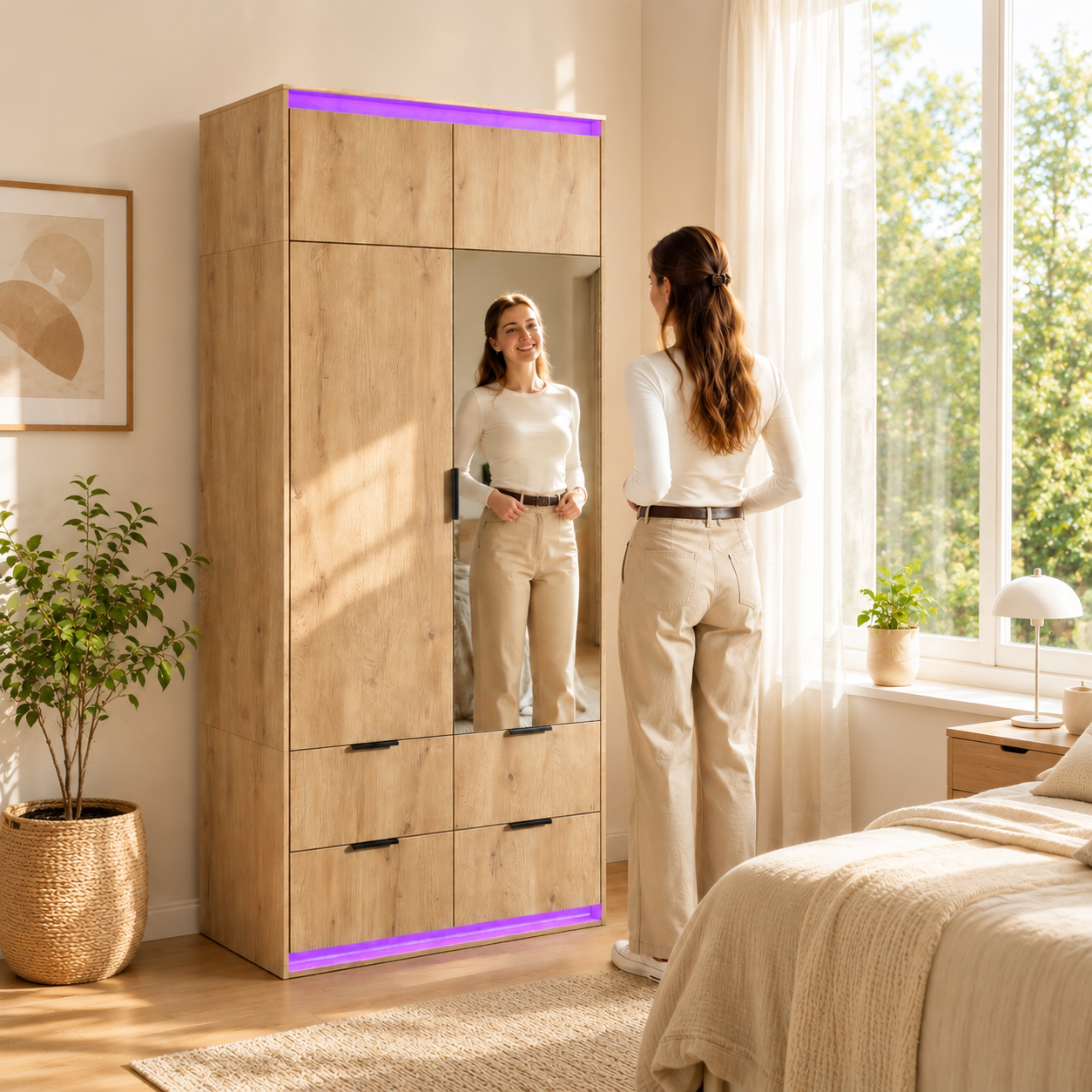 Armoire effet chêne 2 portes avec miroir, LED et 4 tiroirs, 90 x 47 x 200 cm