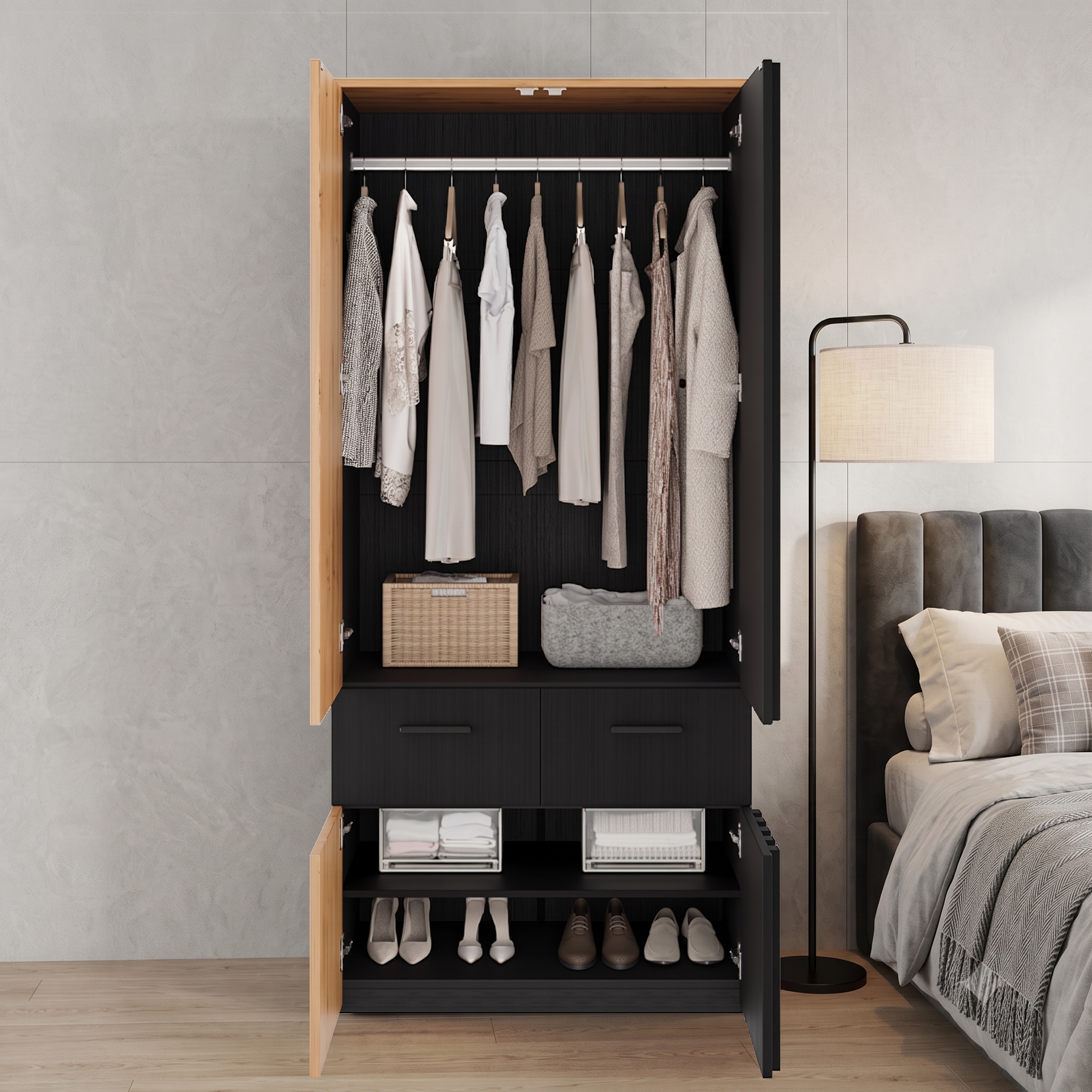 Armoire-penderie, avec tiroirs, 90 x 50 x 200 cm, panneaux de particules et MDF, noir - vue 3