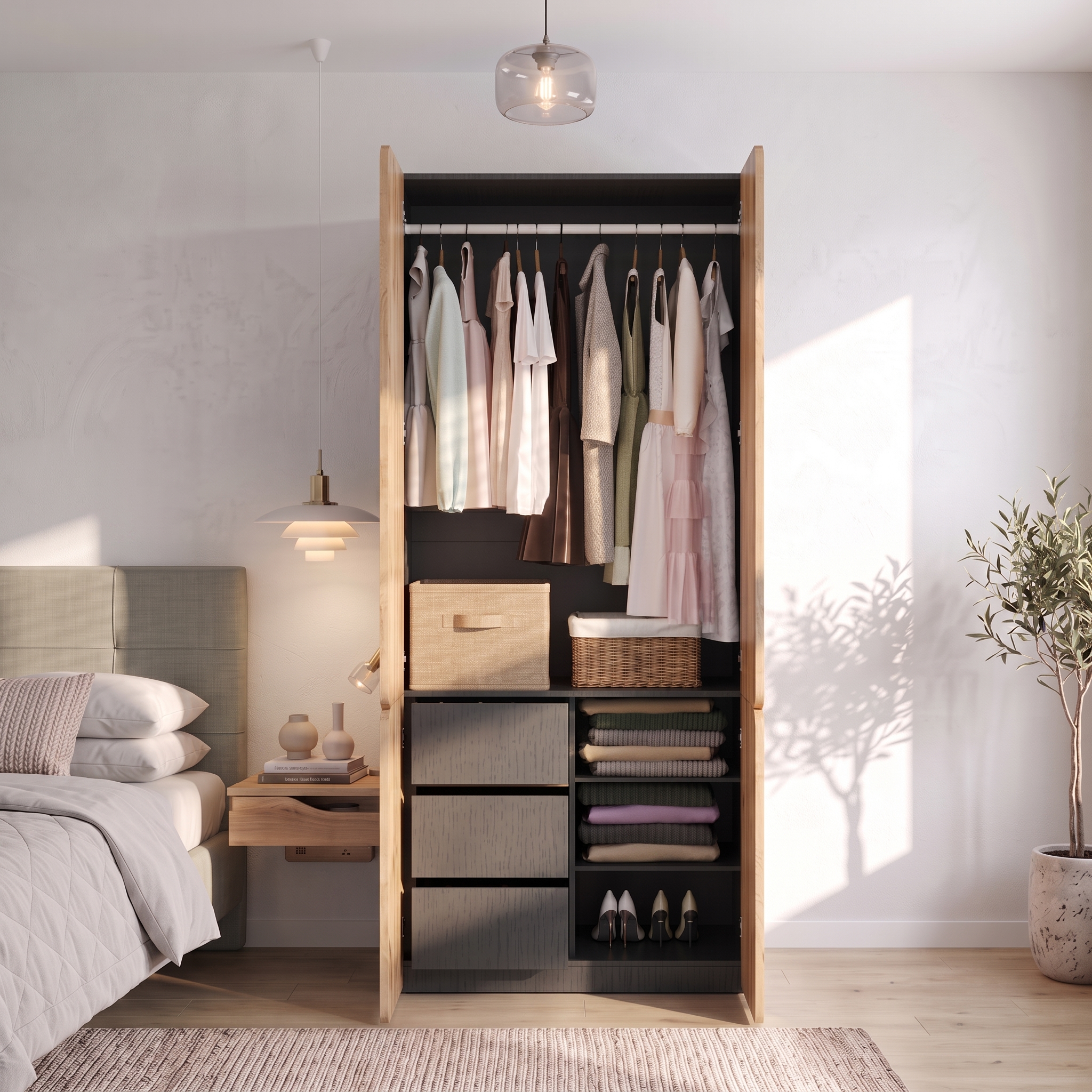 Armoire ouverte avec penderie et trois tiroirs