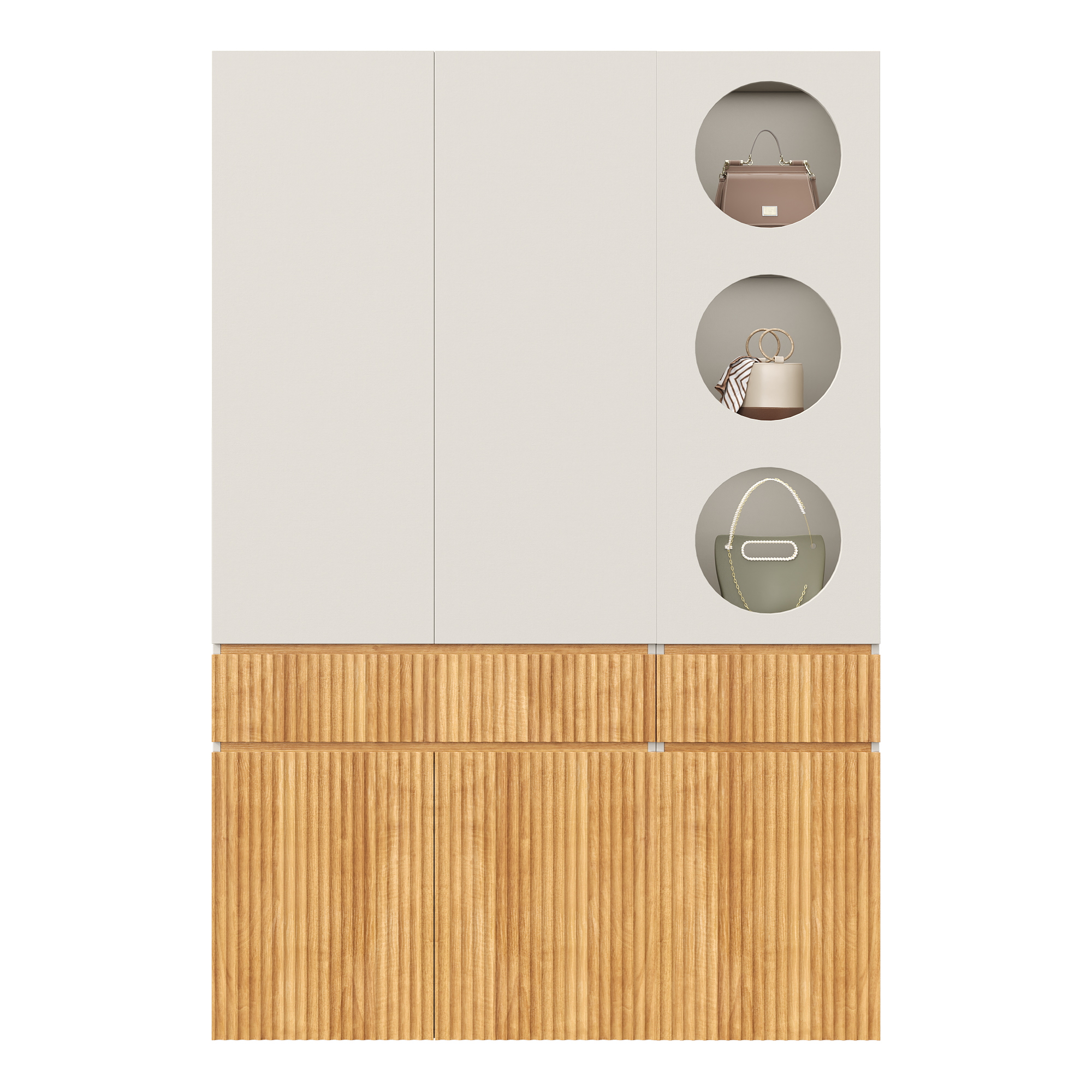 Armoire-penderie, 2 tiroirs, 6 portes, 135 x 50 x 200 cm, MDF et panneaux de particules, gris clair et bois naturel - vue 8