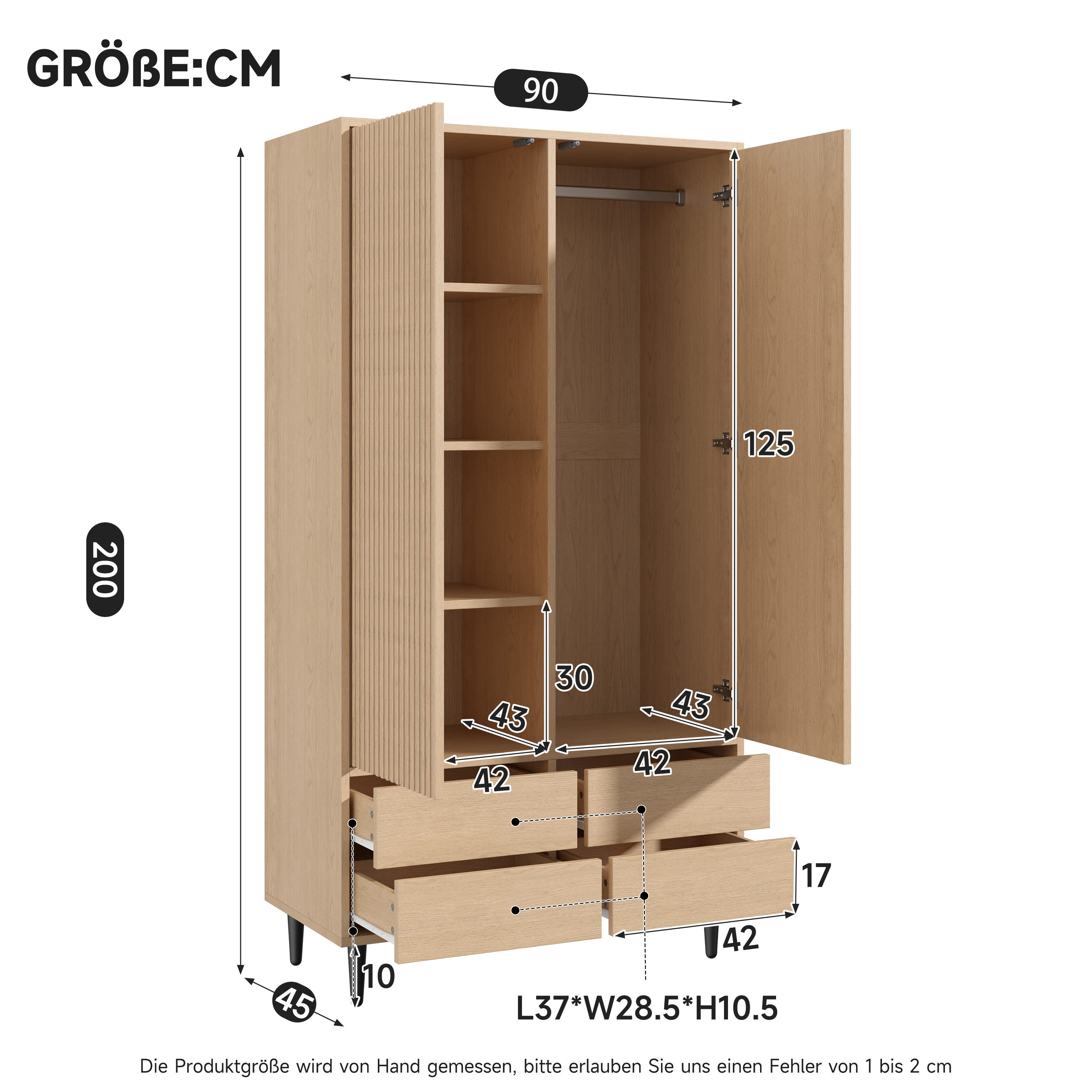 Aménagement intérieur de l'armoire effet chêne avec tringle, compartiments et quatre tiroirs