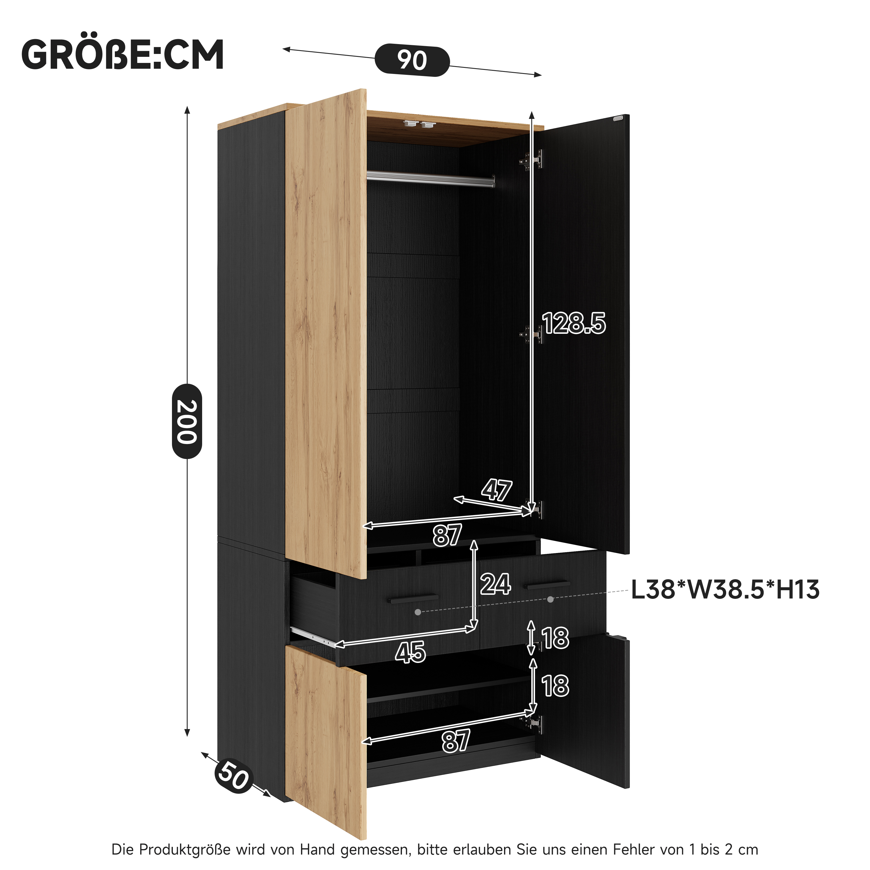 Vue complète de l'armoire noire avec rangement intérieur