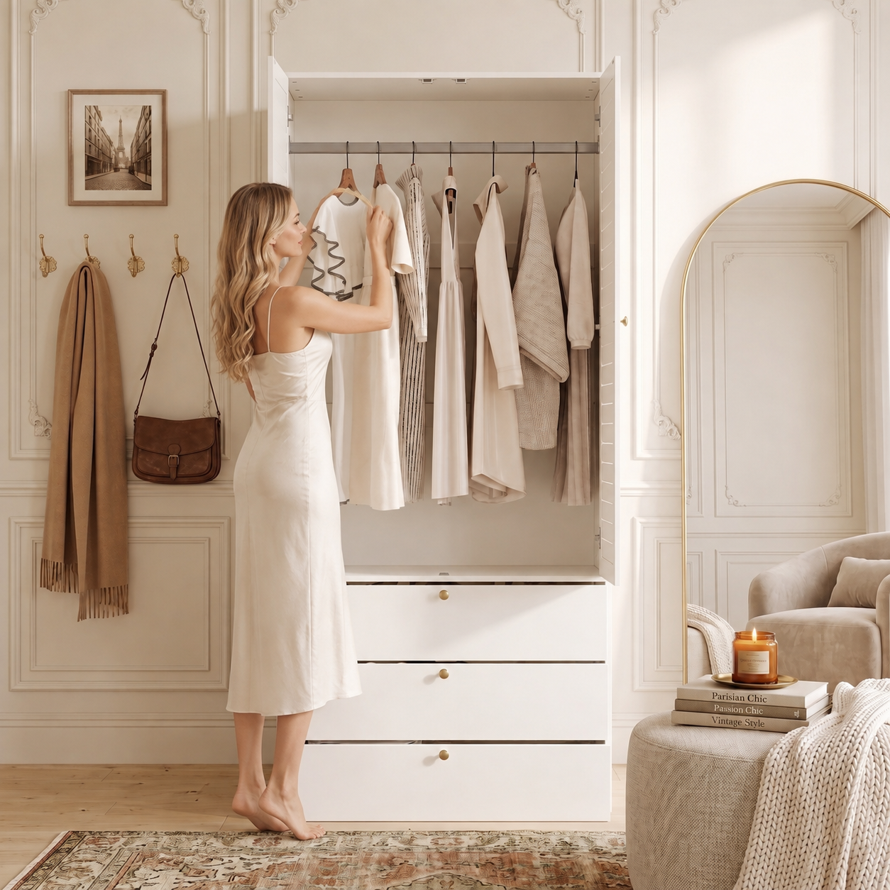 Armoire-penderie, avec tiroirs, 90 x 50 x 200 cm, panneaux de particules, blanc - vue 5