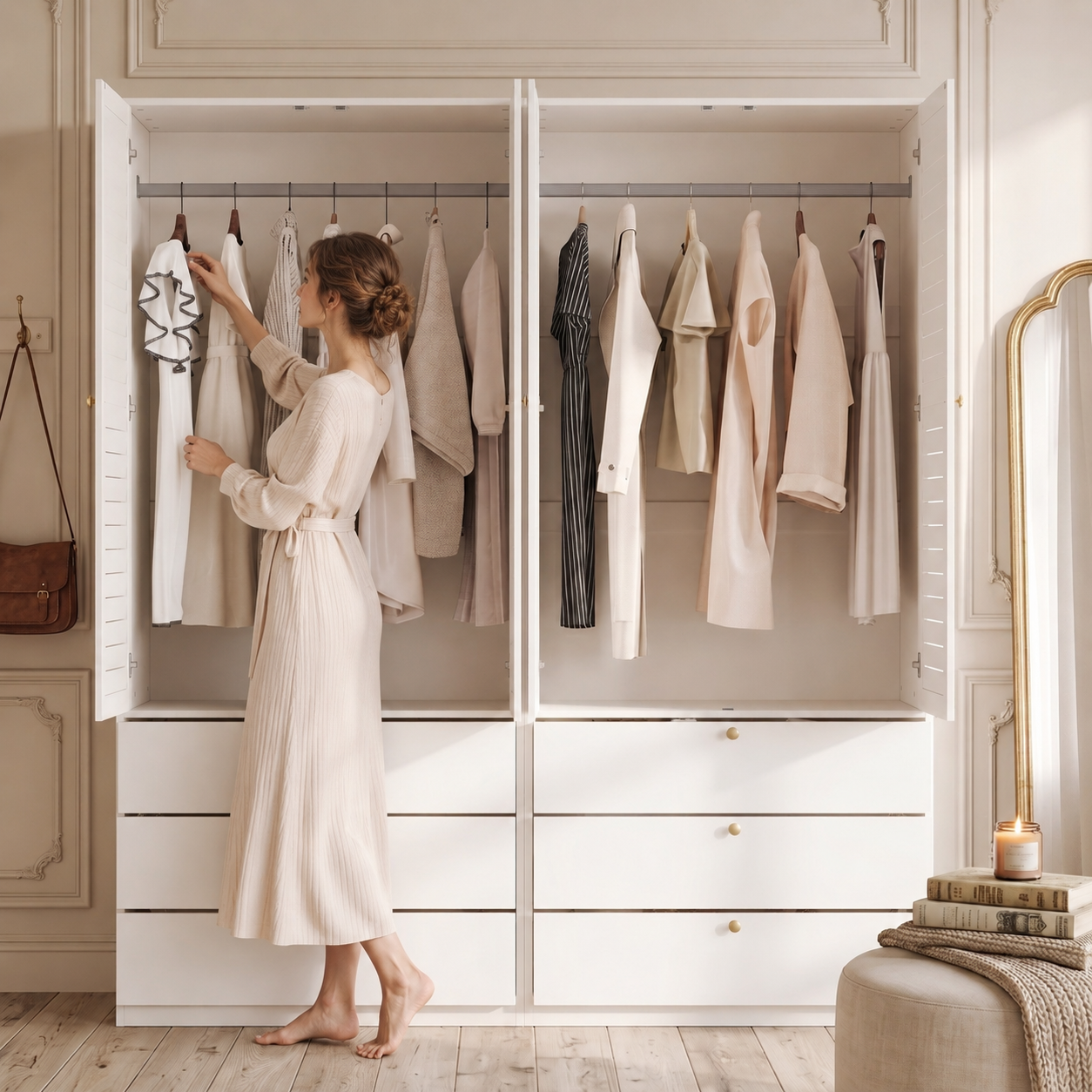 Armoire blanche 180x50x200 cm avec quatre portes à lattes, deux tringles et six tiroirs