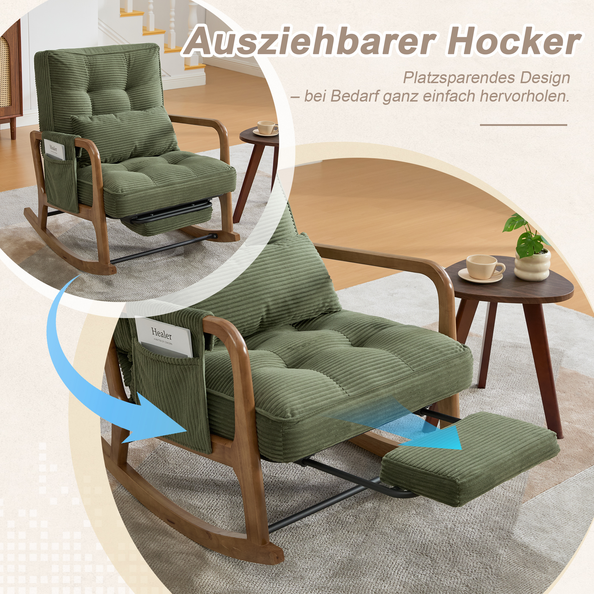 Moderner Schaukelstuhl mit Fußstütze, Cord-Baby-Se