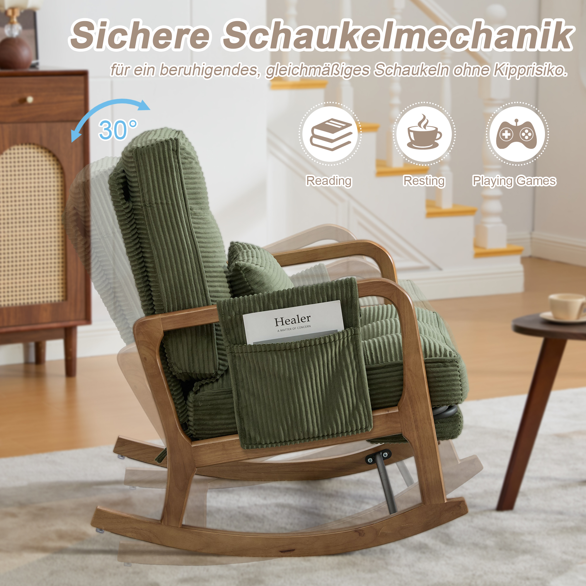 Moderner Schaukelstuhl mit Fußstütze, Cord-Baby-Se