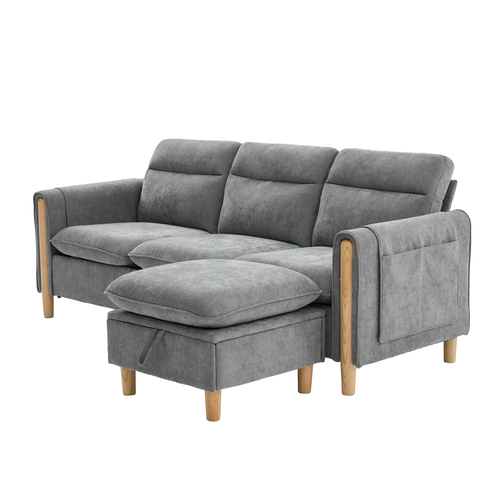Canapé d’angle modulable 3 places canapé en L avec méridienne, avec pouf, avec rangement, chenille, Gris - points forts 1