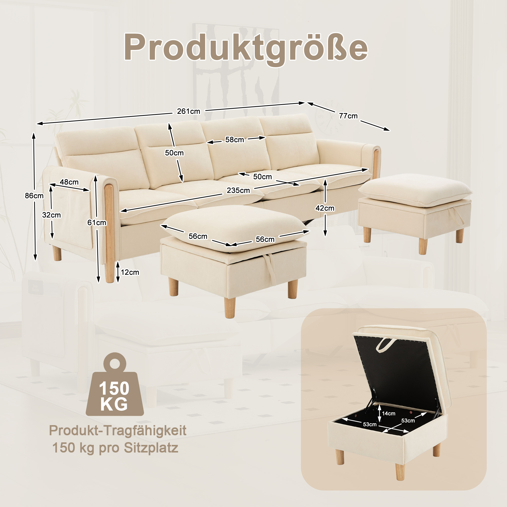 Canapé modulable en u 4 places canapé en U, avec pouf, avec rangement, chenille, Beige - vue complémentaire 1