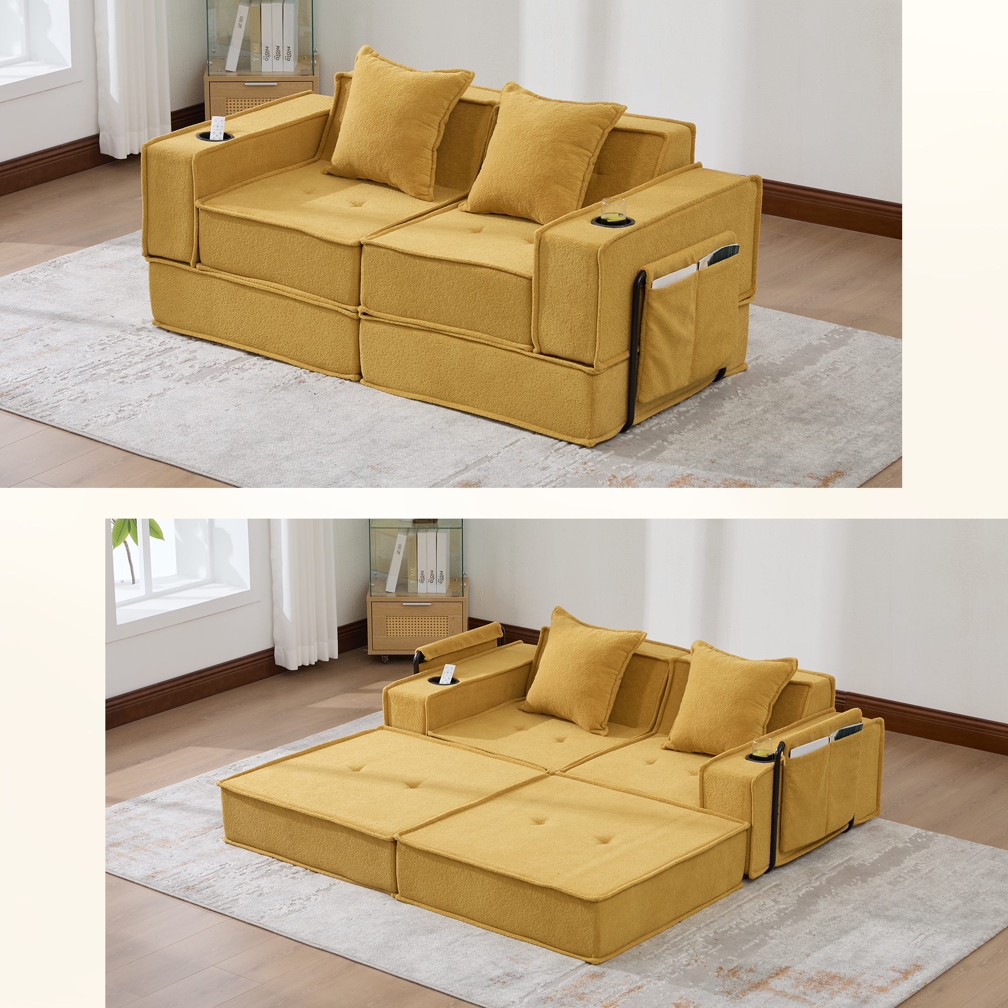 Canapé 2 places moutarde en chenille convertible avec coussins - vue 1