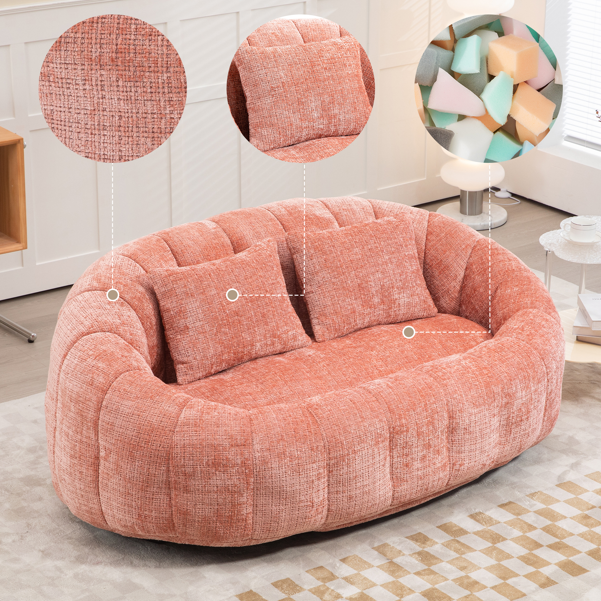 Pouf canapé rose chenille dossier haut 150x95x63 cm - vue 1