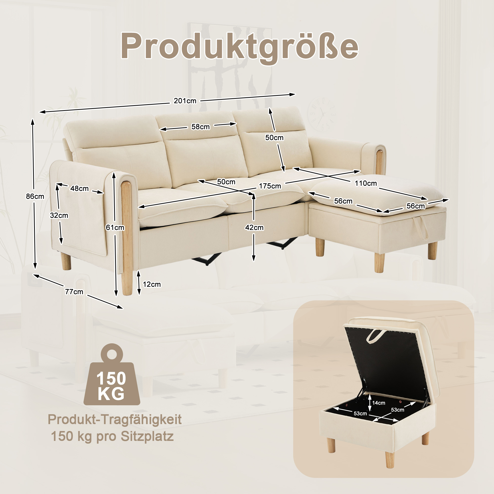 Canapé d’angle modulable 3 places canapé en L avec méridienne, avec pouf, avec rangement, chenille, Beige - vue complémentaire 1
