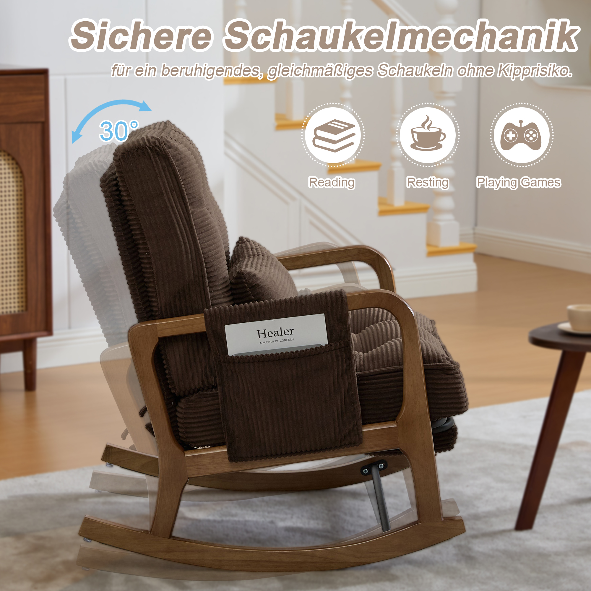 Moderner Schaukelstuhl mit Fußstütze, Cord-Baby-Se