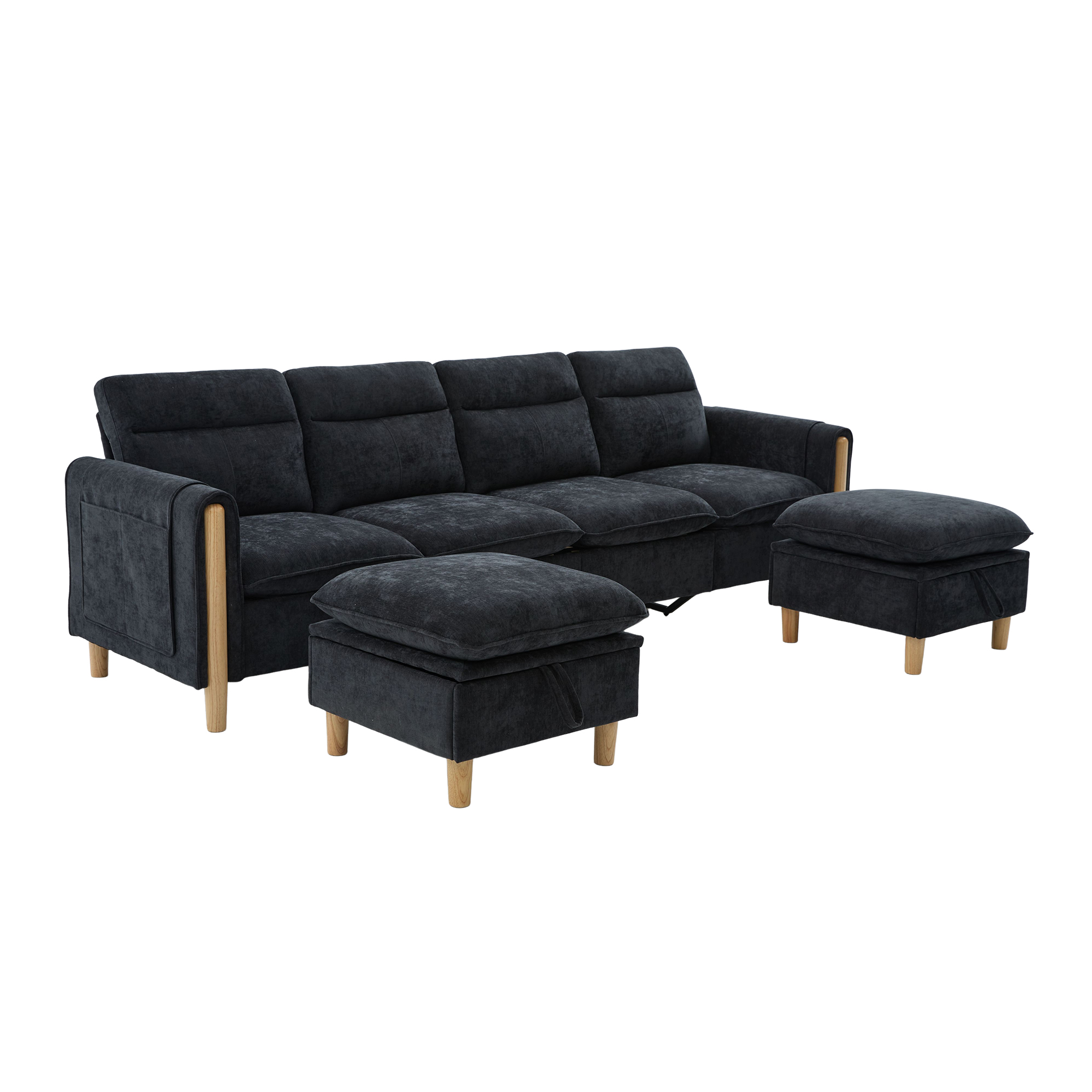 Canapé modulable en u 4 places canapé en U, avec pouf, avec rangement, chenille, Noir - présentation 1
