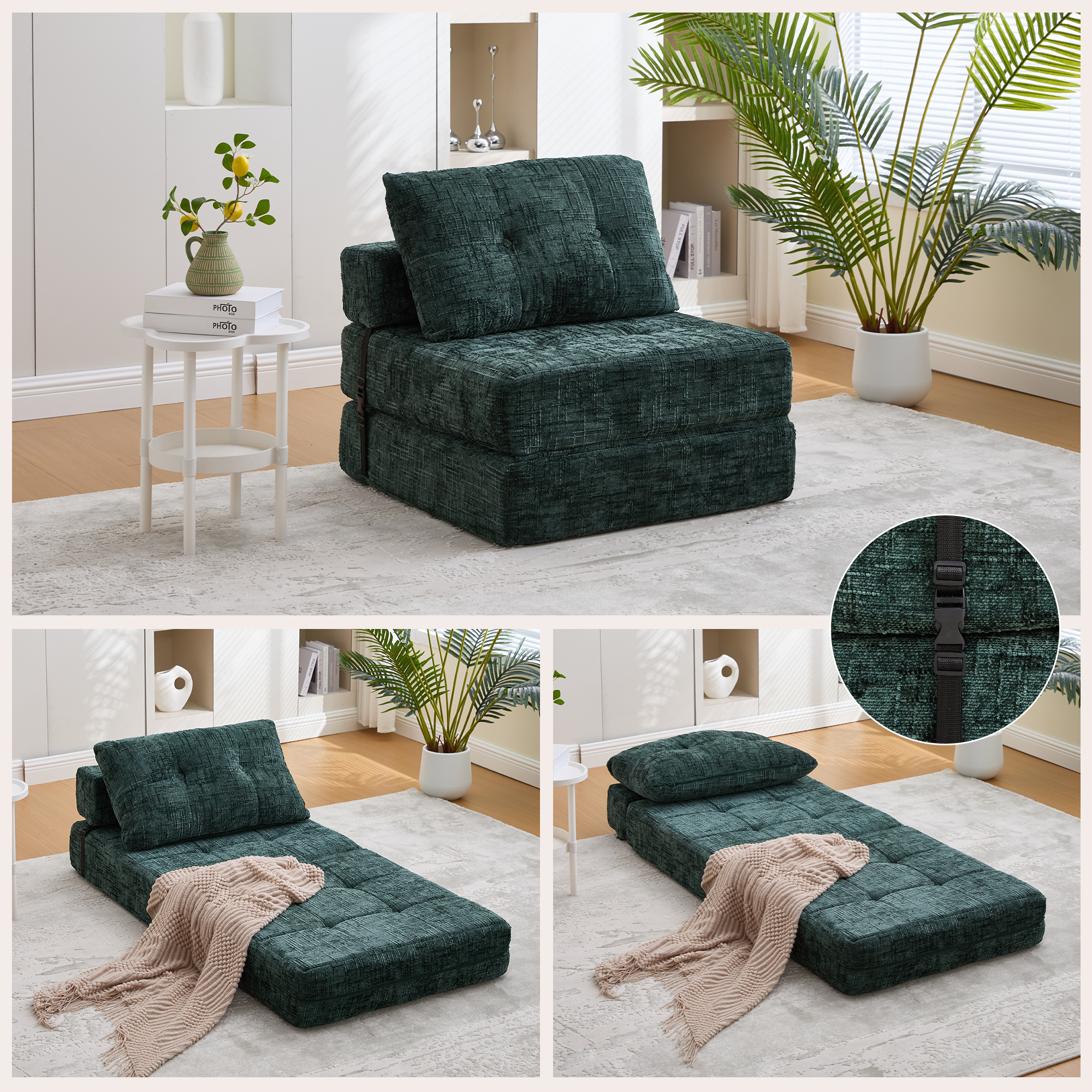 Canapé-lit pliable émeraude chenille avec coussin 79x79x57 cm - vue 1