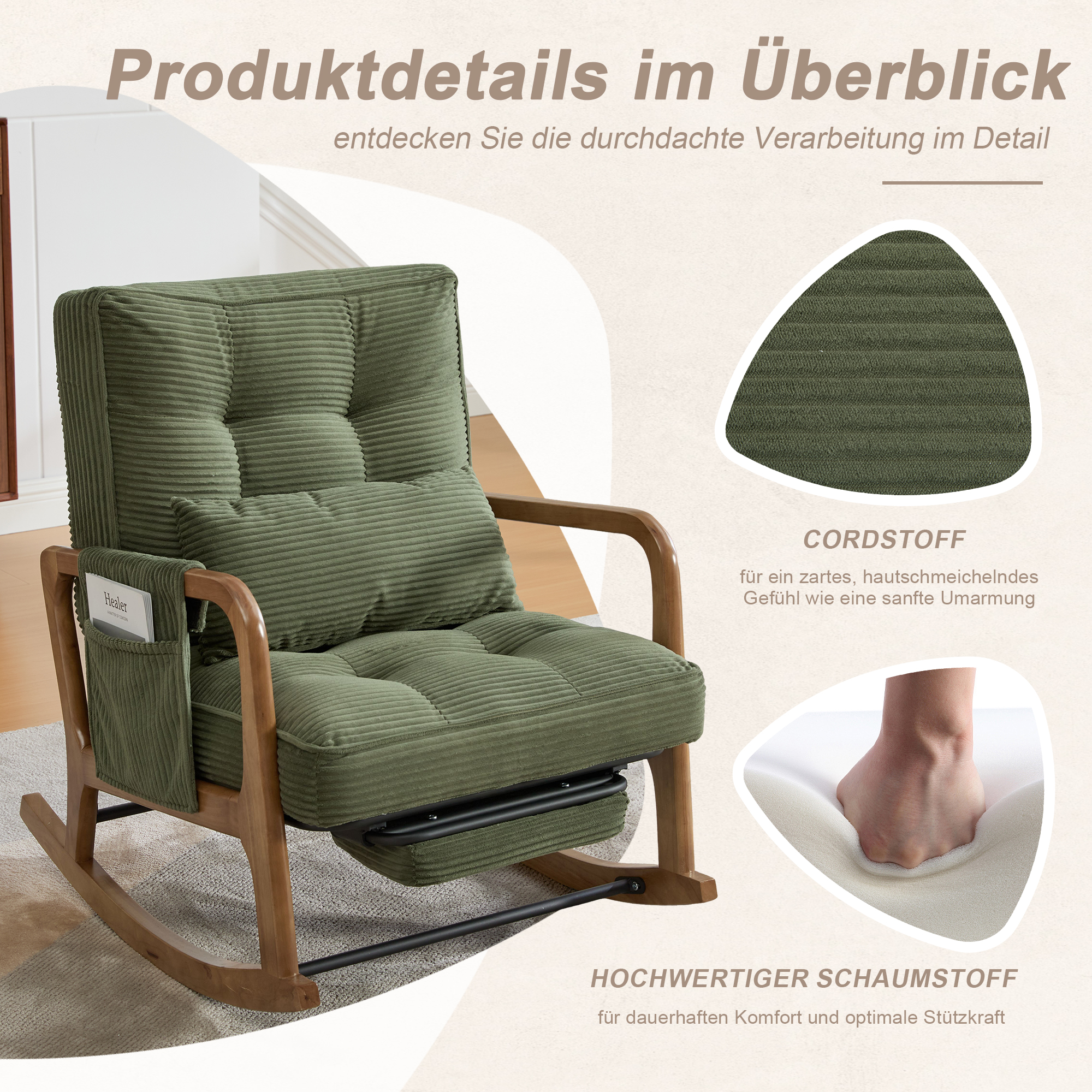 Moderner Schaukelstuhl mit Fußstütze, Cord-Baby-Se