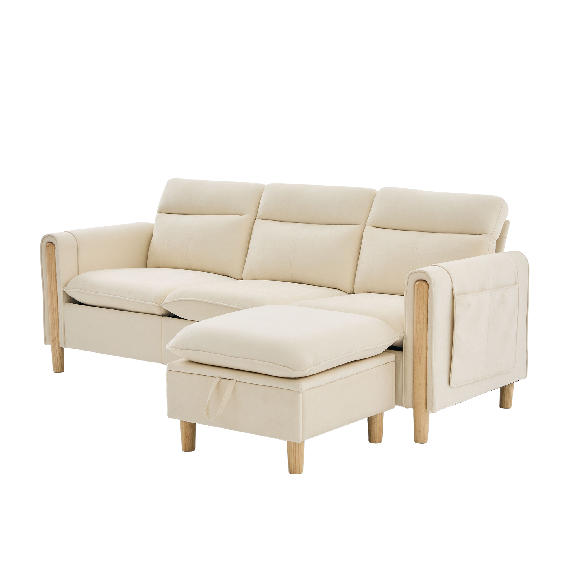 Canapé d’angle modulable 3 places canapé en L avec méridienne, avec pouf, avec rangement, chenille, Beige - points forts 1