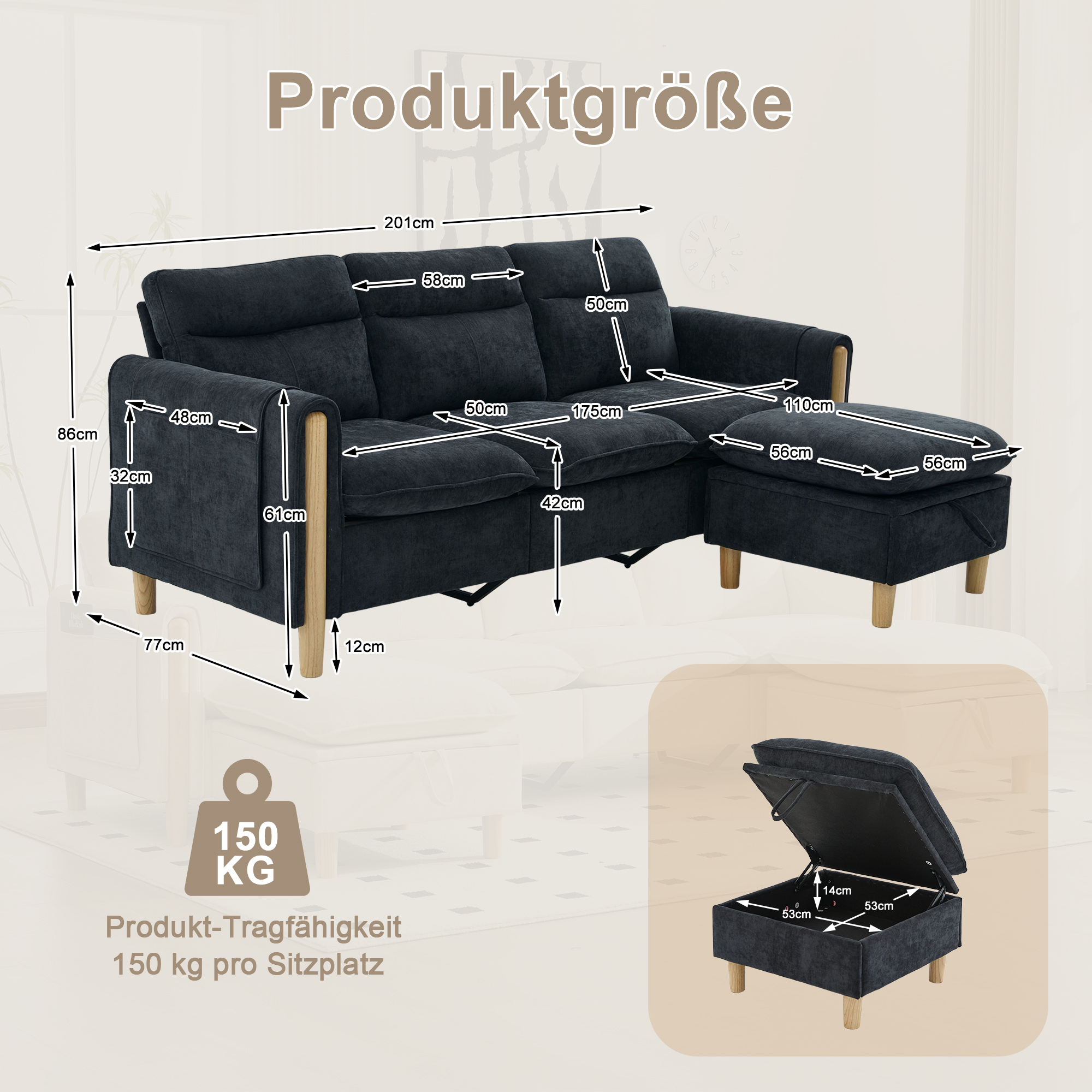 Canapé d’angle modulable 3 places canapé en L avec méridienne, avec pouf, avec rangement, chenille, Noir - vue complémentaire 1
