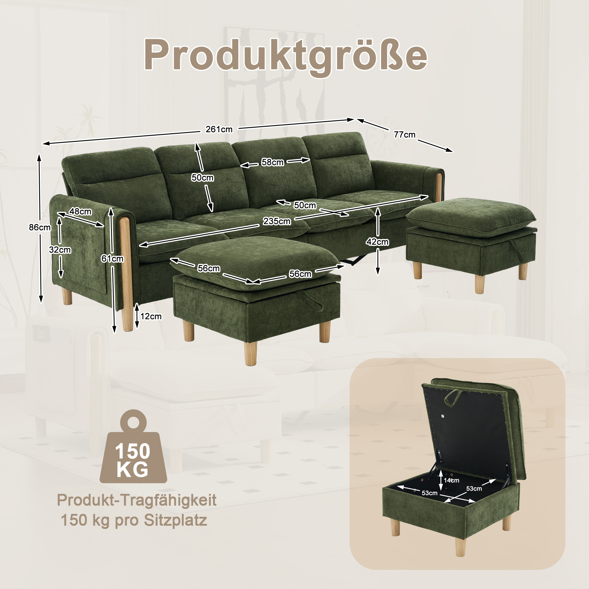 Canapé modulable en u 4 places canapé en U, avec pouf, avec rangement, chenille, Vert - vue complémentaire 1