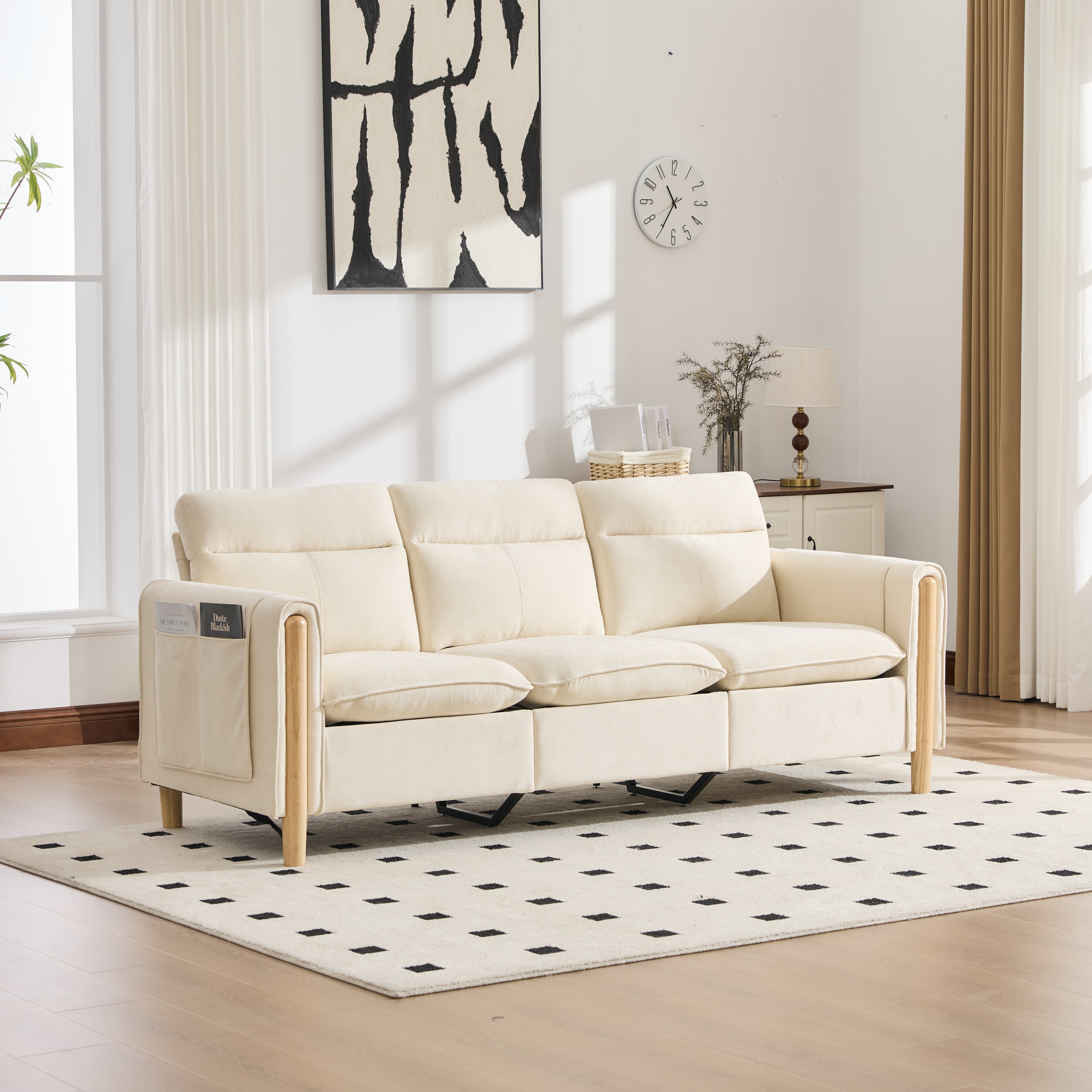 Canapé d’angle modulable 3 places canapé en L avec méridienne, avec pouf, avec rangement, chenille, Beige - présentation 1