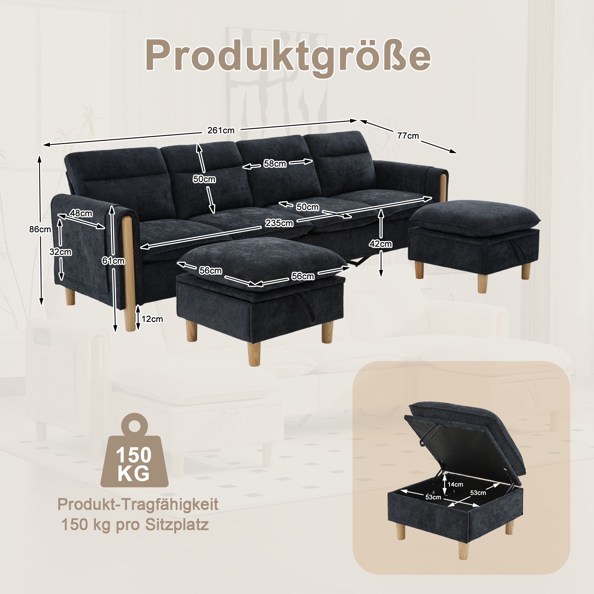 Canapé modulable en u 4 places canapé en U, avec pouf, avec rangement, chenille, Noir - vue complémentaire 1