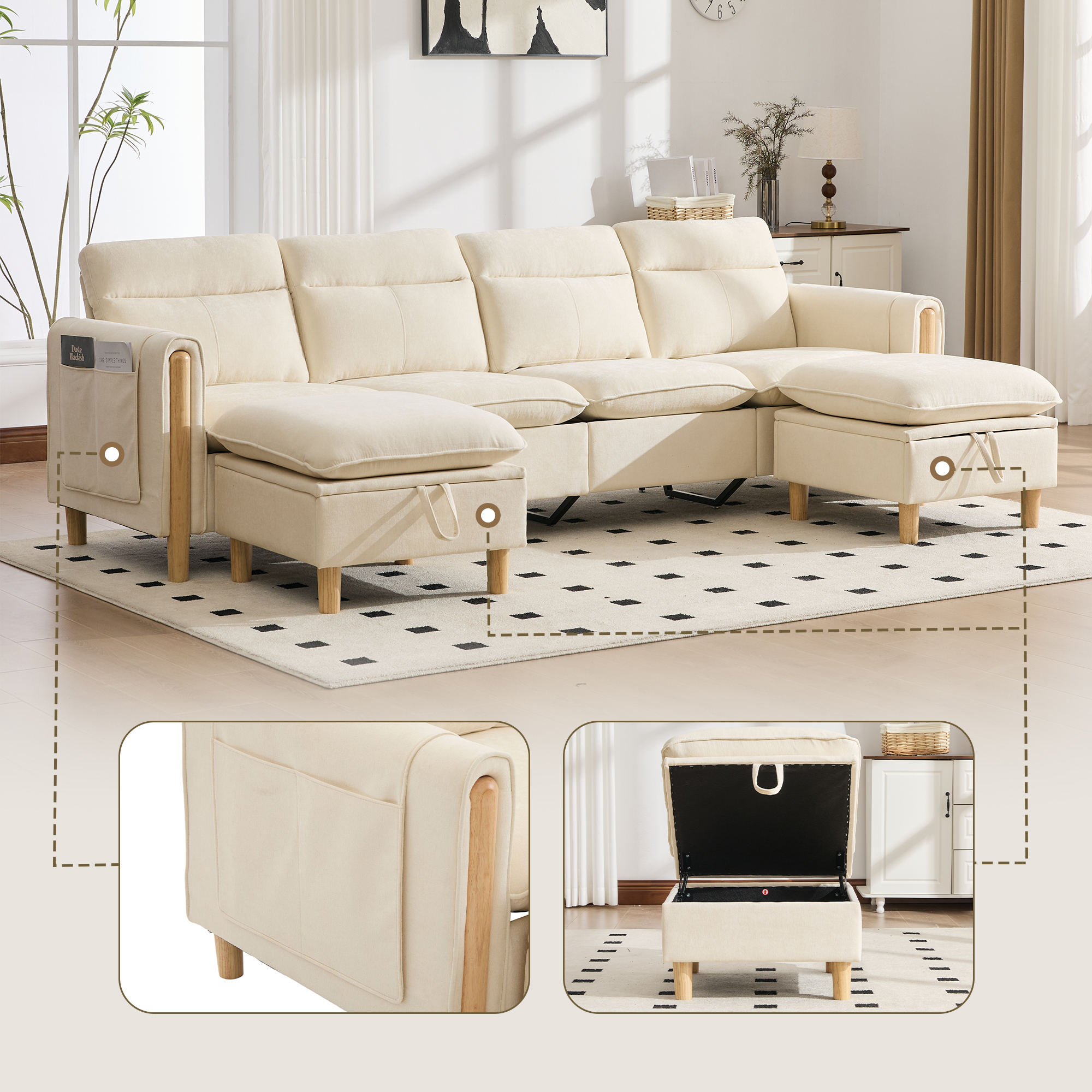 Canapé modulable en u 4 places canapé en U, avec pouf, avec rangement, chenille, Beige - spécifications 1