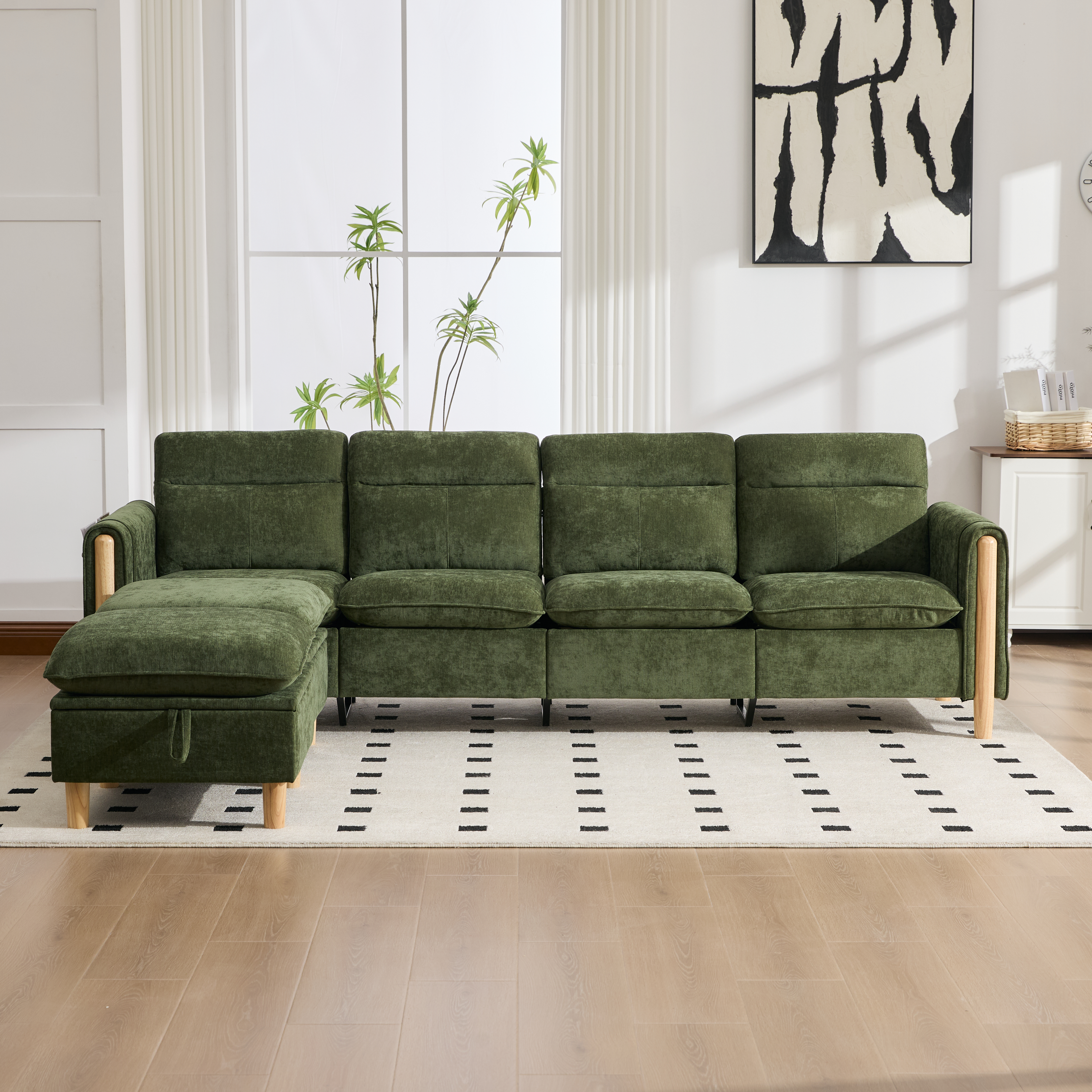 Canapé modulable en u 4 places canapé en U, avec pouf, avec rangement, chenille, Vert - présentation 1