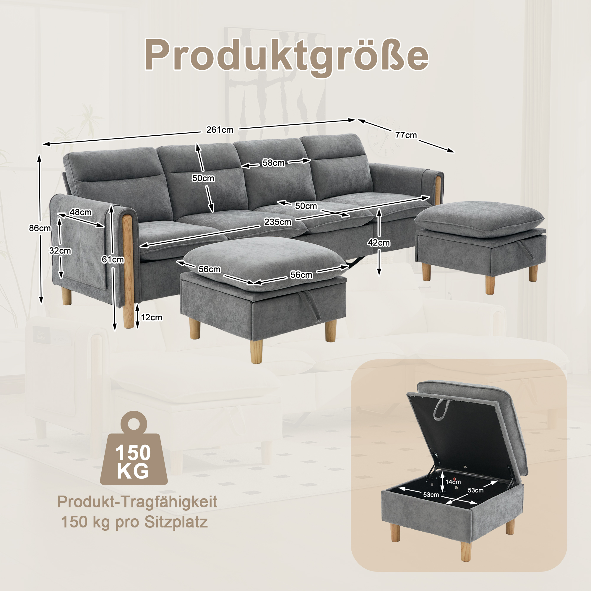 Canapé modulable en u 4 places canapé en U, avec pouf, avec rangement, chenille, Gris - vue complémentaire 1